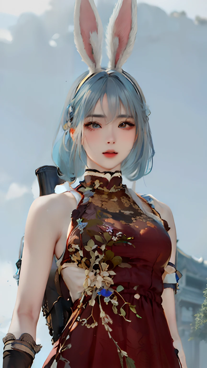 there is a woman with blue hair and bunny ears holding a gun, close up character, female character, character close up, inspired by Leng Mei, highly detailed character, 8 k character details, inspired by Ren Xiong, character close-up, 8k portrait render, lineage 2 revolution style, loong, inspired by Pu Hua