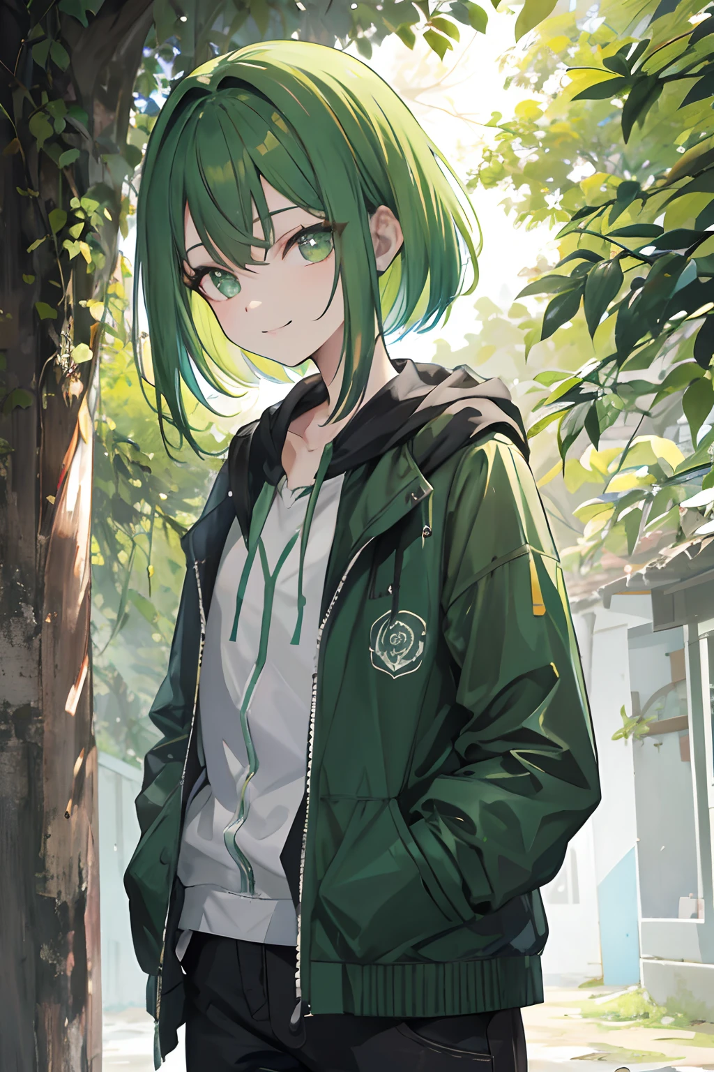 1garota, floresta ,chuva,casaco,Hands in pockets, olhos verdes, sorriso triste, cabelo curto, cabelo preto