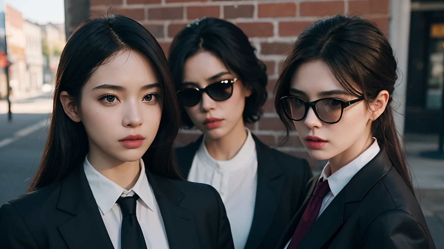 (Best Quality, hight resolution, masutepiece:1.2), Ultra-detailed, (Realistic, Photorealsitic:1.37), Portrait, Three women, (Group of women walking, :1.2), wears a suit, ties, Sunglasses, Brick wall, walking on street, Walk side by side, movie "Reservoir Dog", Brick wall background, Woman in black, modern attire, screen capture, Fully clothed, Sexy, outlaw, shirt art, defiance, badlands, Old movies, High resolution skin, (Cinematic lighting: 1.2 ), beautifully detailed eyes, Highly detailed face, of the highest quality, detailed hairs, Exquisite facial features, Perfect face, From  above, Wider Lens, It is photorealistic staring at the camera, Crushic Movies, 4K, 8K, 32K, Cinematic