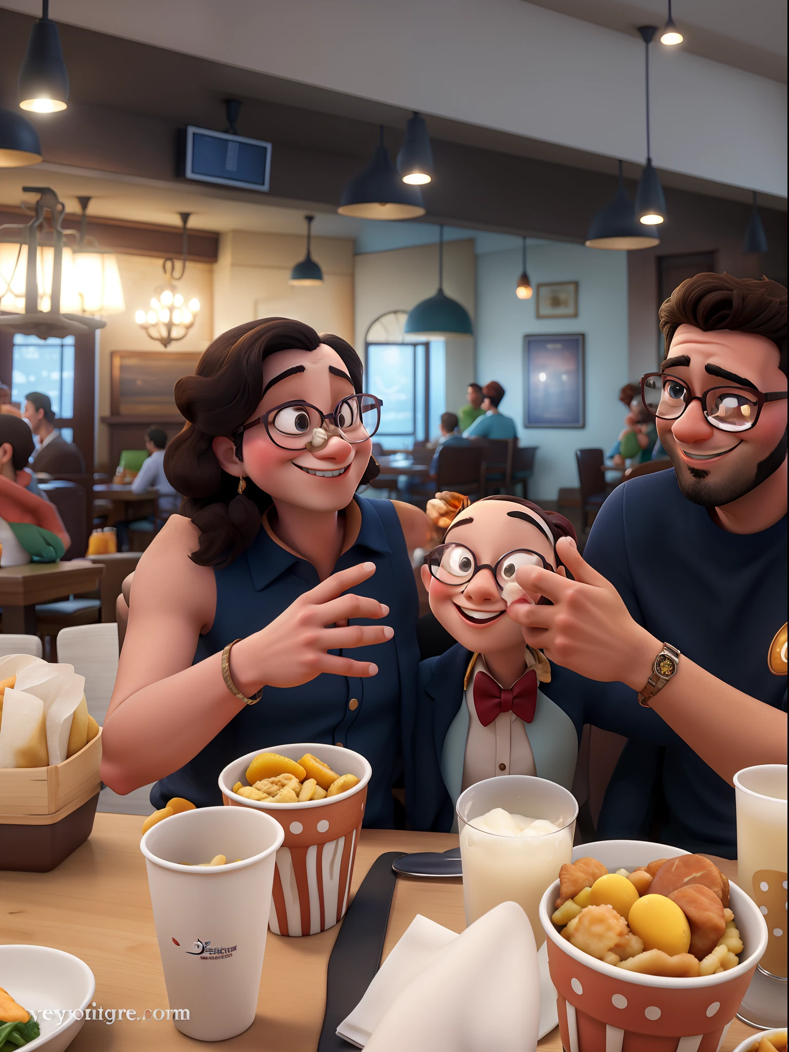 Disney Style Couple With Glasses Smiling In Restaurant.