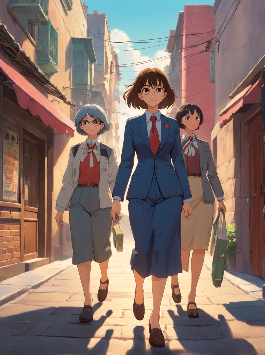 (Best Quality, hight resolution, masutepiece:1.2), Ultra-detailed, (Realistic, Photorealsitic:1.37), Portrait, Three Women, (Group of women walking, :1.2), wears a suit, ties, Sunglasses, Brick wall, walking on street, Walk side by side, movie "Reservoir Dog", Brick wall background, Woman in black, modern attire, screen capture, Fully clothed, Sexy, outlaw, shirt art, defiance, badlands, Old movies, High resolution skin, (Cinematic lighting: 1.2 ), beautifully detailed eyes, Highly detailed face, of the highest quality, detailed hairs, Exquisite facial features, Perfect face, From above, Wider Lens, It is a photorealistic space where you can stare at the camera, Crushic Movies, 4K, 8K, 32K, Cinematic
