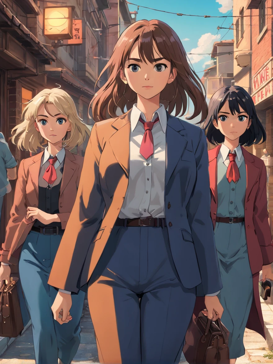 (Best Quality, hight resolution, masutepiece:1.2), Ultra-detailed, (Realistic, Photorealsitic:1.37), Portrait, Three Women, (Group of women walking, :1.2), wears a suit, ties, Sunglasses, Brick wall, walking on street, Walk side by side, movie "Reservoir Dog", Brick wall background, Woman in black, modern attire, screen capture, Fully clothed, Sexy, outlaw, shirt art, defiance, badlands, Old movies, High resolution skin, (Cinematic lighting: 1.2 ), beautifully detailed eyes, Highly detailed face, of the highest quality, detailed hairs, Exquisite facial features, Perfect face, From above, Wider Lens, It is a photorealistic space where you can stare at the camera, Crushic Movies, 4K, 8K, 32K, Cinematic