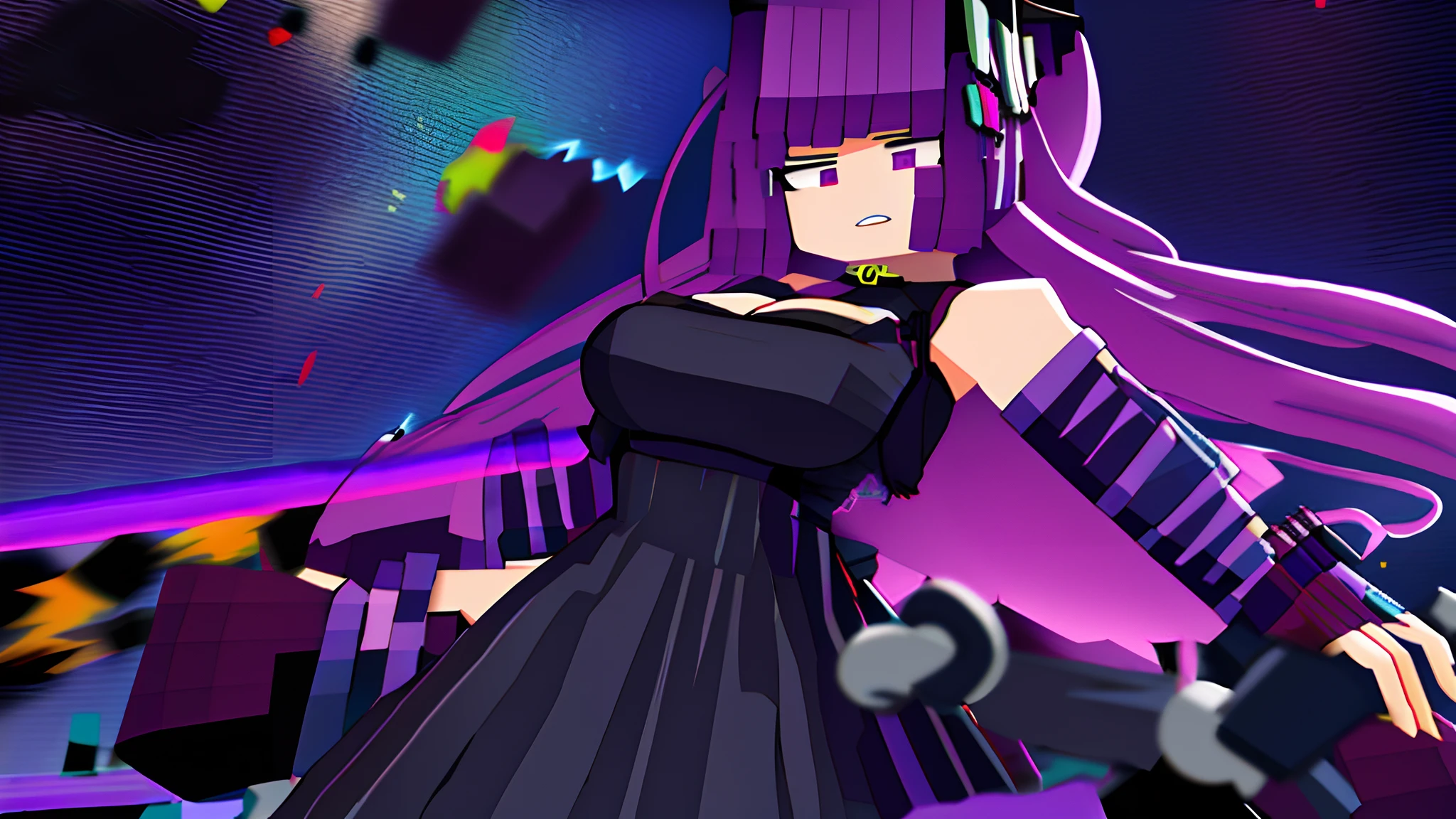 Purple long hair, dark dress, explosions, screams, Visible breasts, Slim, Visible bridge