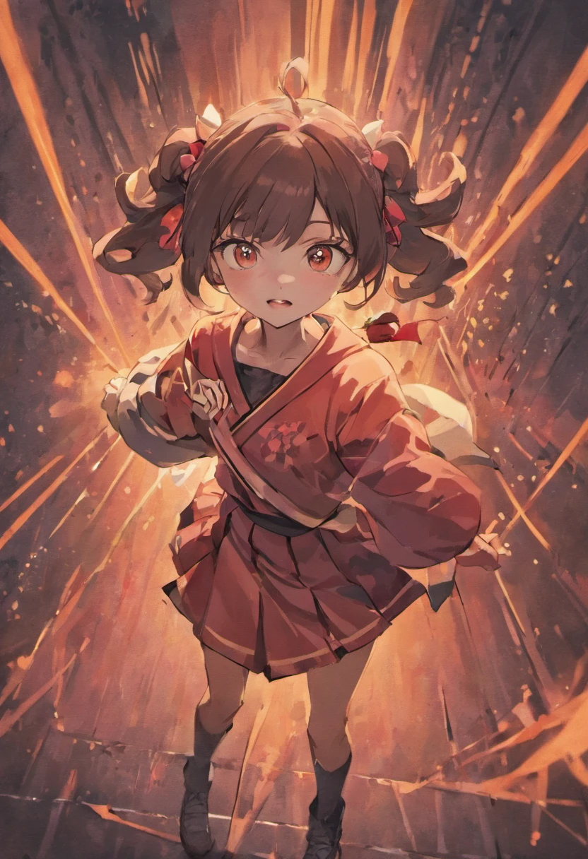 A brown girl with red eyes in a double ponytail,Wear a lace shirt,pleatedskirt,shawl,White sneakers,Hold the knife in one hand in front of your chest,Standing in the gray-black-red smoke background, bent eyes and a bright smile