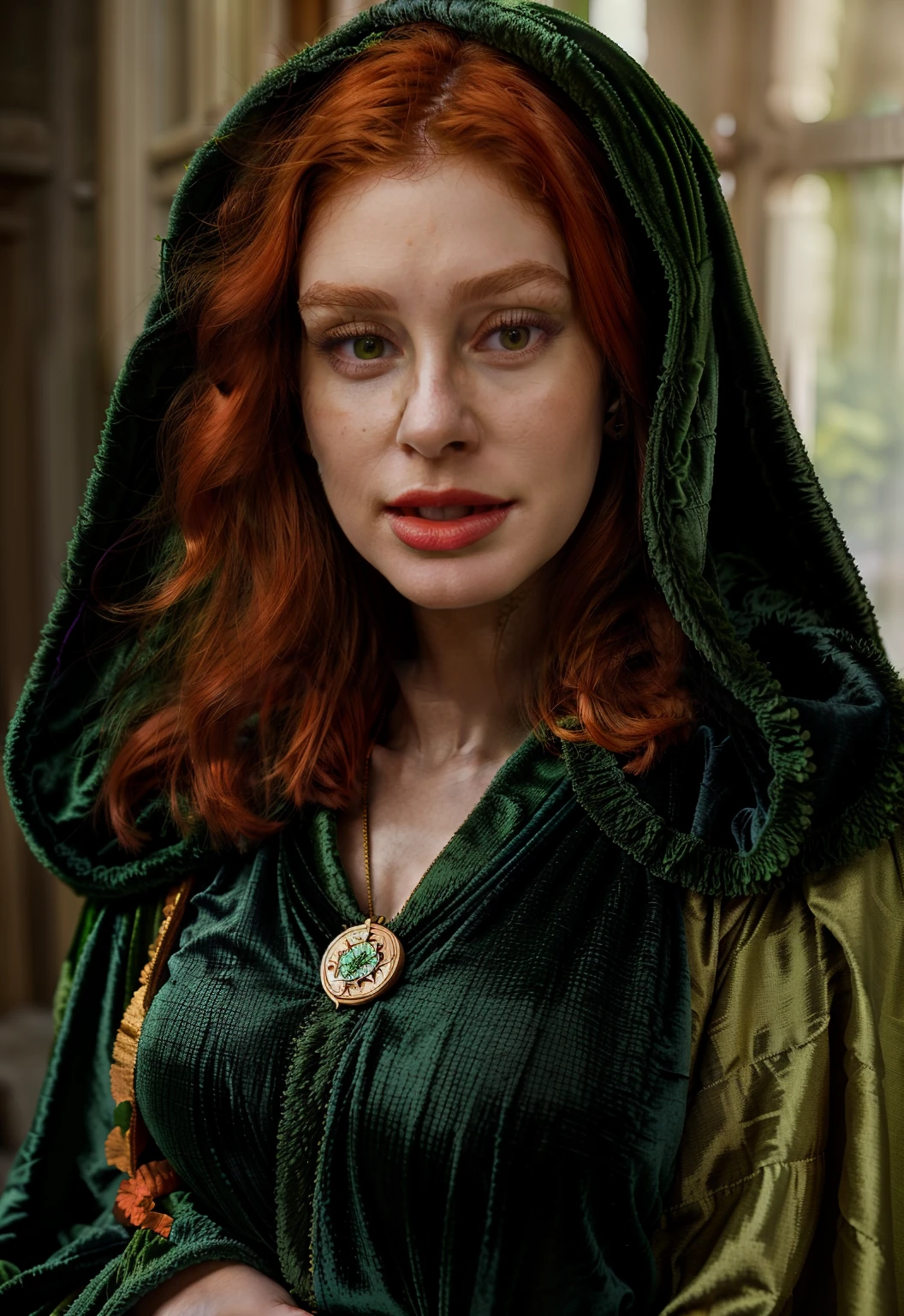 a woman in a green robe and purple dress with a medallion on her chest, orange hair, orange lipstick, padme amidala, masterpiece! portrait of arwen, wearing a velvet cloak, wearing a luxurious cloak, dressed in a green robe, wearing only a green robe, marinarb