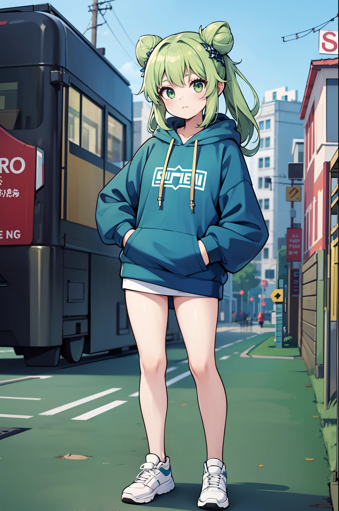 1girl, solo, teen, vtuber girl, green hair, (long hair, twin hair buns, straight hair), green eyes, leggings, ((hoodie, oversized hoodie)), white hoodie, blue scarf, metropolis, city background, scenery, beautiful colorful, close-up, people around, standing, straight posture, looking at viewer, hands on hips, masterpiece, illustration, 4k