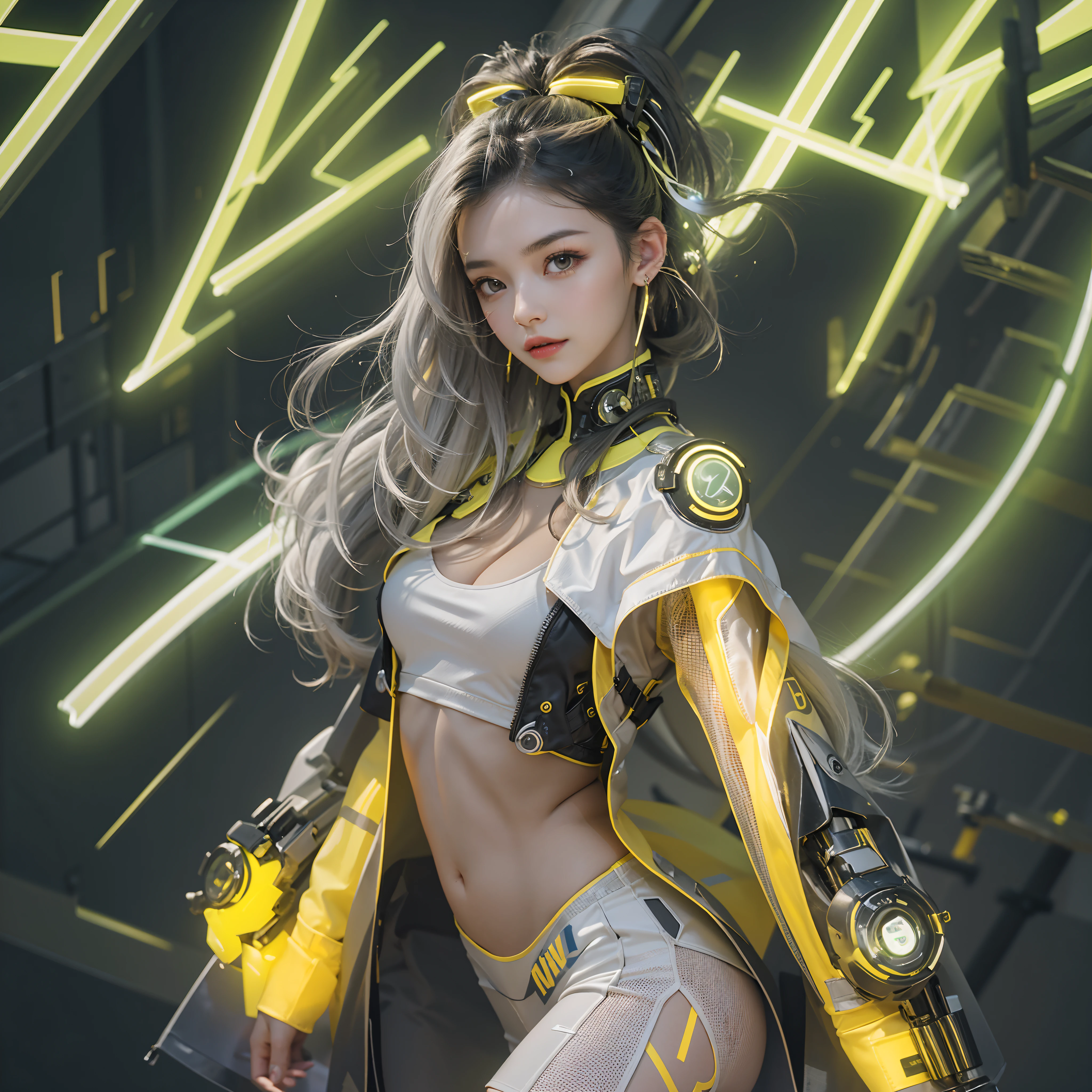Best quality,tmasterpiece,Ultra-high resolution fills the picture,Indoor at night,Neon lights,Yellow color scheme,Rich egg yellow,Silvery-white hair,Yellow and white tights,Yellow and white color scheme clothing,Sporty skirts,the complex background,Weight instruments in the background,High-tech screen in the background,Lateral face,Smiling,Dress less,There are fitness elements in the rear,nike,nike,nike,Tech gym,Perfect makeup,Love eyes,8K quality,Cyberpunk,sense of science and technology,Character backlighting,rim-light,Movement changes,Flowing hairstyle,Loose hairstyle,The number of fingers is refined,6 avatar diagrams,Luminous stud earrings,Luminous digital necklace,Electronic digital watches,The most beautiful girl in mankind,Delicate close-up of the face,Realistic image quality,Super light and shadow,Very good figure,Meticulous,Arrow symbol,Brand sense,English slogan neon,Runway lights,Fitness gym at night,Very good figure,Raised sexy