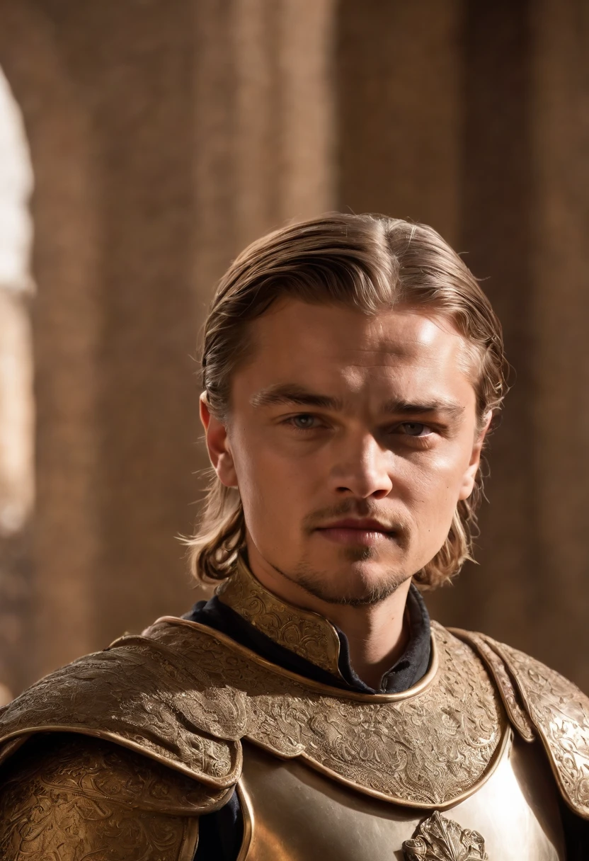 Young Leonardo DiCaprio, , With natural withe hair, knight, armor Withe and golden, Targaryen, medieval, ultra realistic