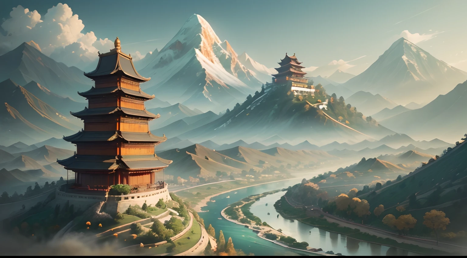 An ancient Chinese painting, ancient Chinese background, mountains, rivers, auspicious clouds, pavilions, sunshine, masterpieces, super detail, epic composition, ultra HD, high quality, extremely detailed, official art, unified 8k wallpaper, Super detail, 32k -- v 6