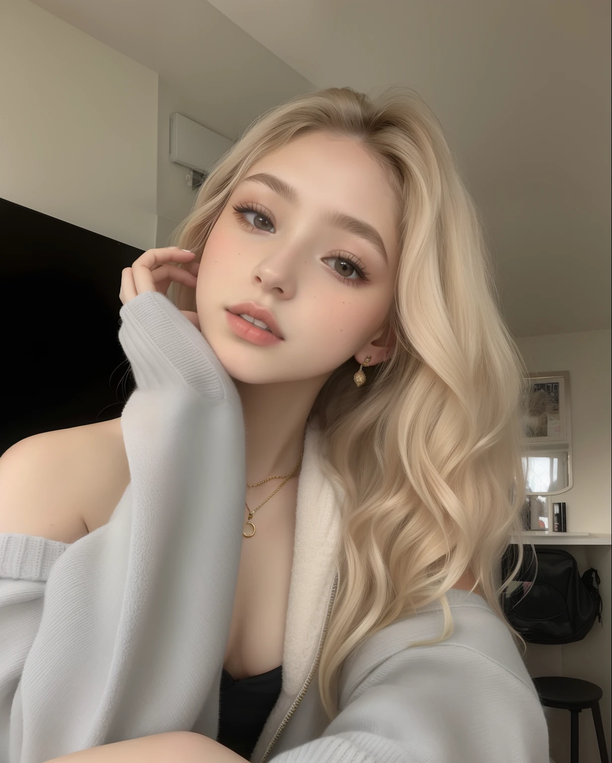 Blonde woman with long hair and gray sweater posing for a photo, Retrato Sophie Mudd, Pokimane, Anna Nikolanova aka Newmilky, Dasha Taran, Foto de perfil de la foto de cabeza, Yelena Belova, Una chica con cabello rubio, 18 years old, pale skin curly blond hair, sydney sweeney, 19 year old girl