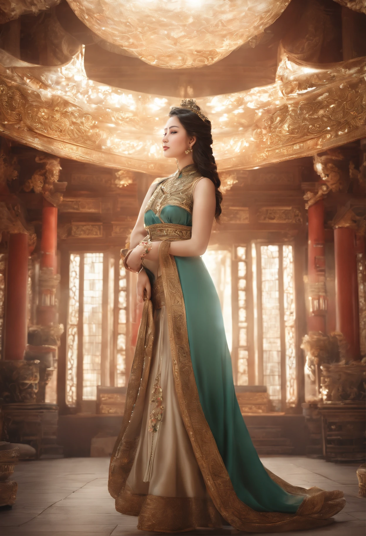 {{Meisterwerk, best quality, extrem detaillierter CG, Unity 8K Hintergrundbild, Filmische Beleuchtung}}, Traditionelle chinesische Tuschemalerei, 1girls, 1Baby, junge frau, halten, a, baby, full entire body, Antike Architektur, blauer Himmel, Sonnentag, Holzarchitektur, Prominenter Protagonist, smil, largeeyes, beautiful detailed eyes, (big breasts, Spaltung), runder, Blick auf das Publikum, lange Wimpern,