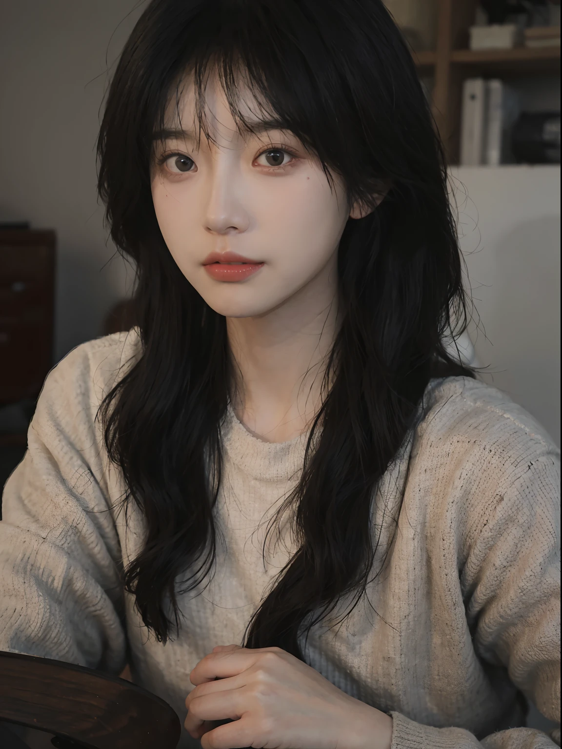 best qualtiy, 超高分辨率, (realisticlying:1.4), A woman with long black hair and a gray sweater, 中景 the scene is, She has black hair,By bangs, young lovely Korean faces, wan adorable korean face, ulzzangs, Shin Jinying, beautiful aesthetic face, Korean face features, Played by Liu Lee Ji Eun ,Beautiful realistic face