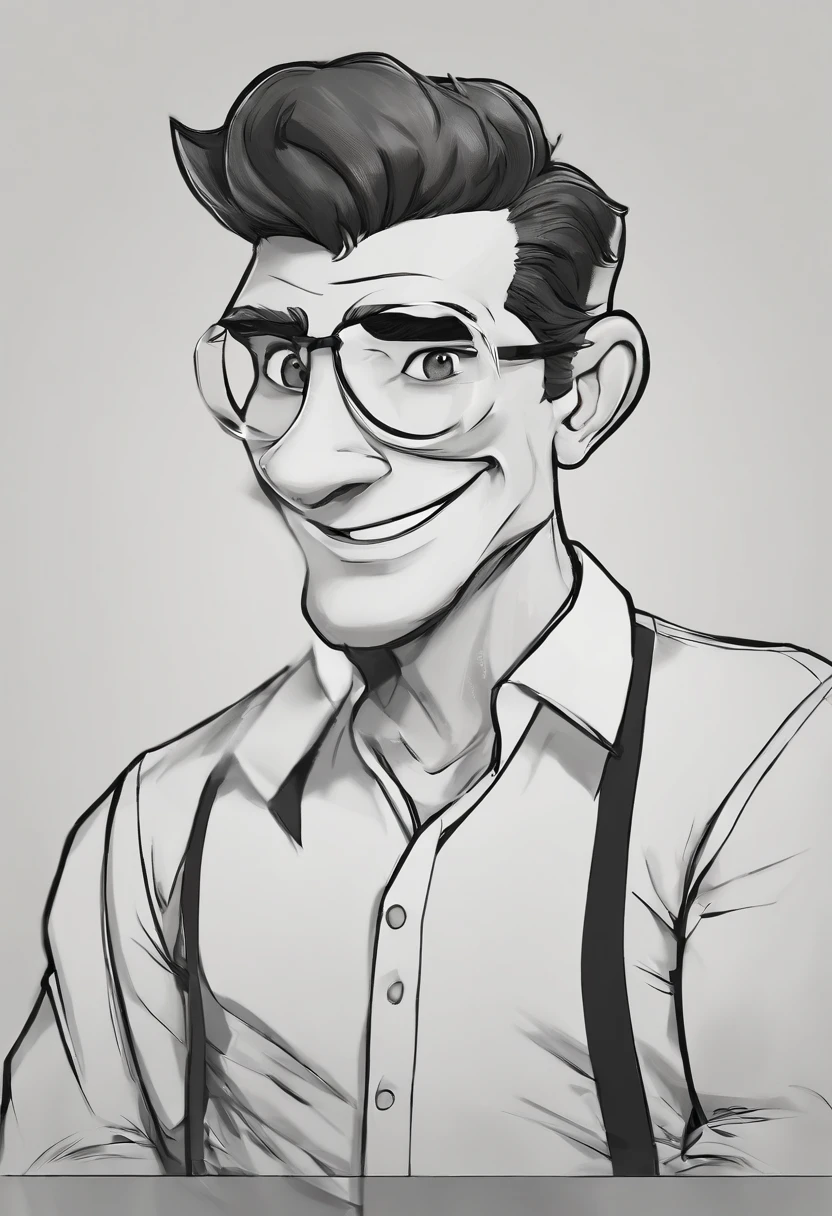 personagem dos desenhos animados de no estilo Disney/Pixar man with a deconstructed look and smile on his face, com seus olhos castanhos escuros e bem definidos. Its nose is aquiline and its lower lips are moderately curved. Their ears are medium and positioned at the top of the ear. His eyebrows are thick and well defined, complementando seu olhar.
cabelos curtos e escuros, com um estilo simples e desgrenhado. wearing goggles, a white button-down shirt and black suspenders. Usando um sapato social, that adds a touch of style to your appearance.
The background of the image is made up of plants, that create a natural and relaxed environment for photography.