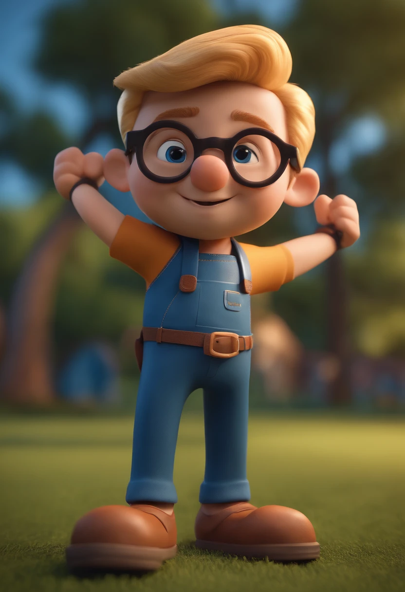 Cartoon character of a blond man with a short beard with glasses and a blue shirt, animation character, Caractere estilizado, animation style rendering, 3D estilizado, Arnold Maya render, 3 d render stylized, toon render keyshot, Personagem 3D, Personagem 3D, 3d rendering stylized, 3 d character render, personagem de desenho animado, Personagem de close up, Pose de personagem, (Estilo Pixar) (master part:1.2) (Bokeh) (best quality) (pele negra) (textura detalhada) (8k) (argila) (Cinematic lighting) (foco nítido) (cabelo curto estilo social)