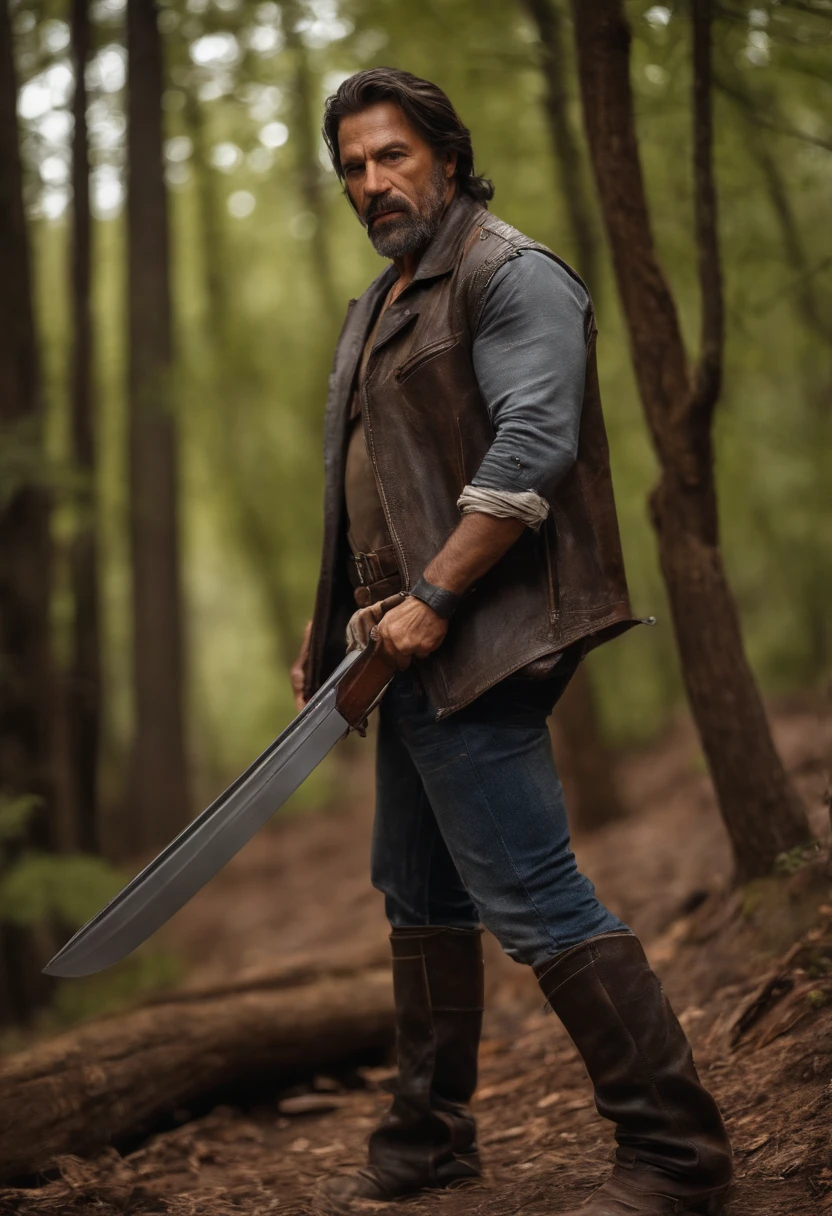 Desenhe um alto, homem encorpado com cabelos castanhos curtos e barba raspada. Your face is marked by scars and wrinkles, o resultado de anos de batalha e sofrimento. He wears a worn-out leather jacket and tattered jeans. At his waist is a sharp machete and an antique pistol. His brown eyes express determination and sadness.