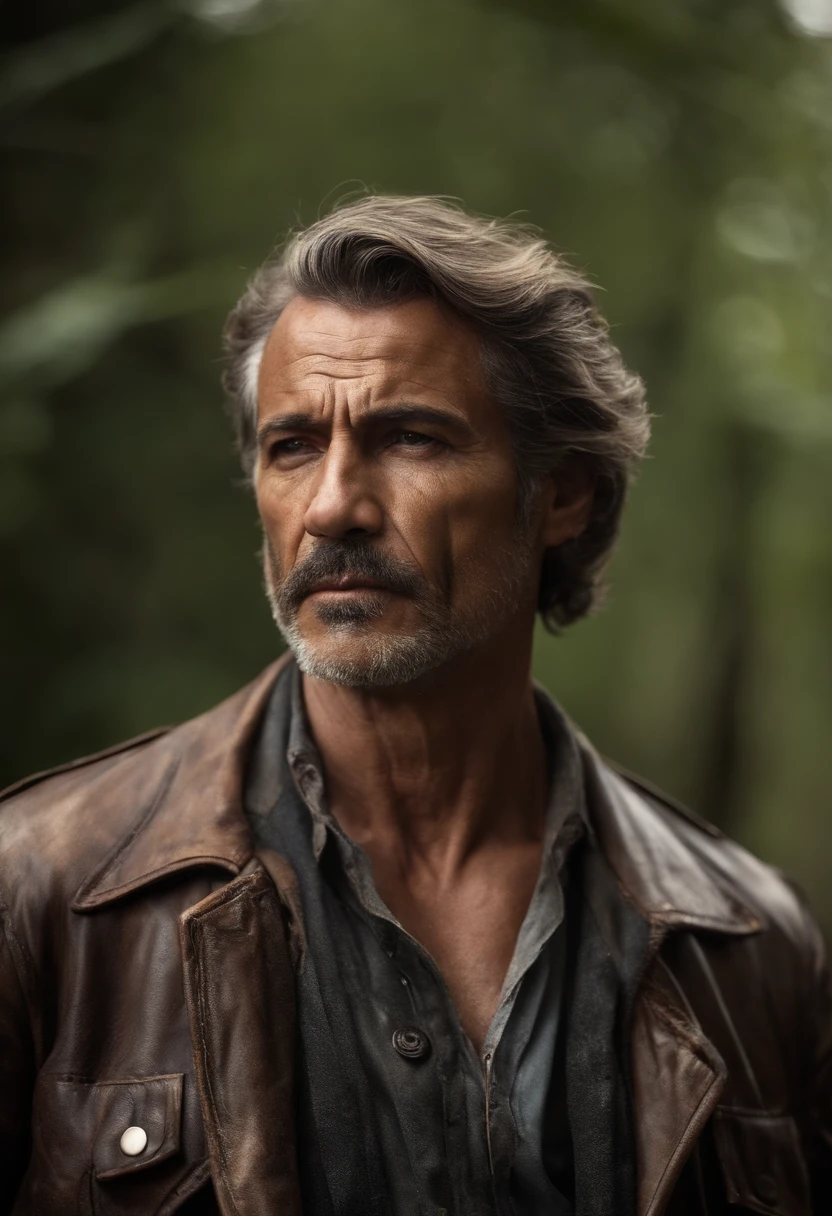 Desenhe um alto, homem encorpado com cabelos castanhos curtos e barba raspada. Your face is marked by scars and wrinkles, o resultado de anos de batalha e sofrimento. He wears a worn-out leather jacket and tattered jeans. At his waist is a sharp machete and an antique pistol. His brown eyes express determination and sadness.