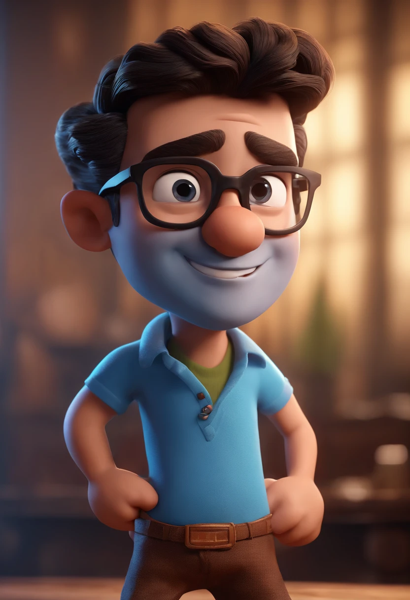 Cartoon character of a man with black glasses and a blue shirt, animation character, Caractere estilizado, animation style rendering, 3D estilizado, Arnold Maya render, 3 d render stylized, toon render keyshot, Personagem 3D, Personagem 3D, 3d rendering stylized, 3 d character render, personagem de desenho animado, Personagem de close up, Pose de personagem,  (Estilo Pixar) (master part:1.2) (Bokeh) (best quality) (pele detalhada) (textura detalhada) (8k) (argila) (Cinematic lighting) (foco nítido