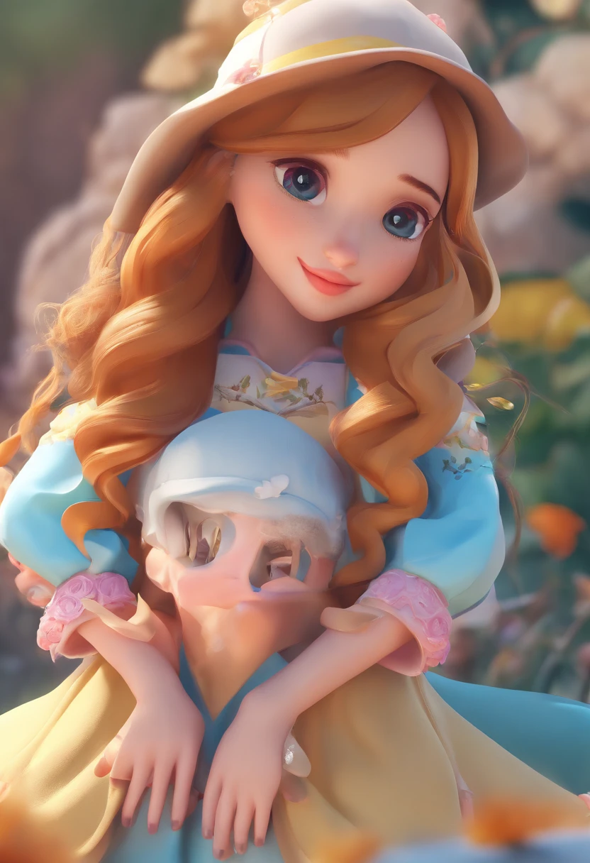 best quality, master part, fotorrealista, extremamente detalhado CG unidade 8k papel de parede, Chibi,1girl, Elsa,sozinho, cheio_corpo, sorrir,cabelos castanhos Olhando_em_visualizador, ao ar livre,