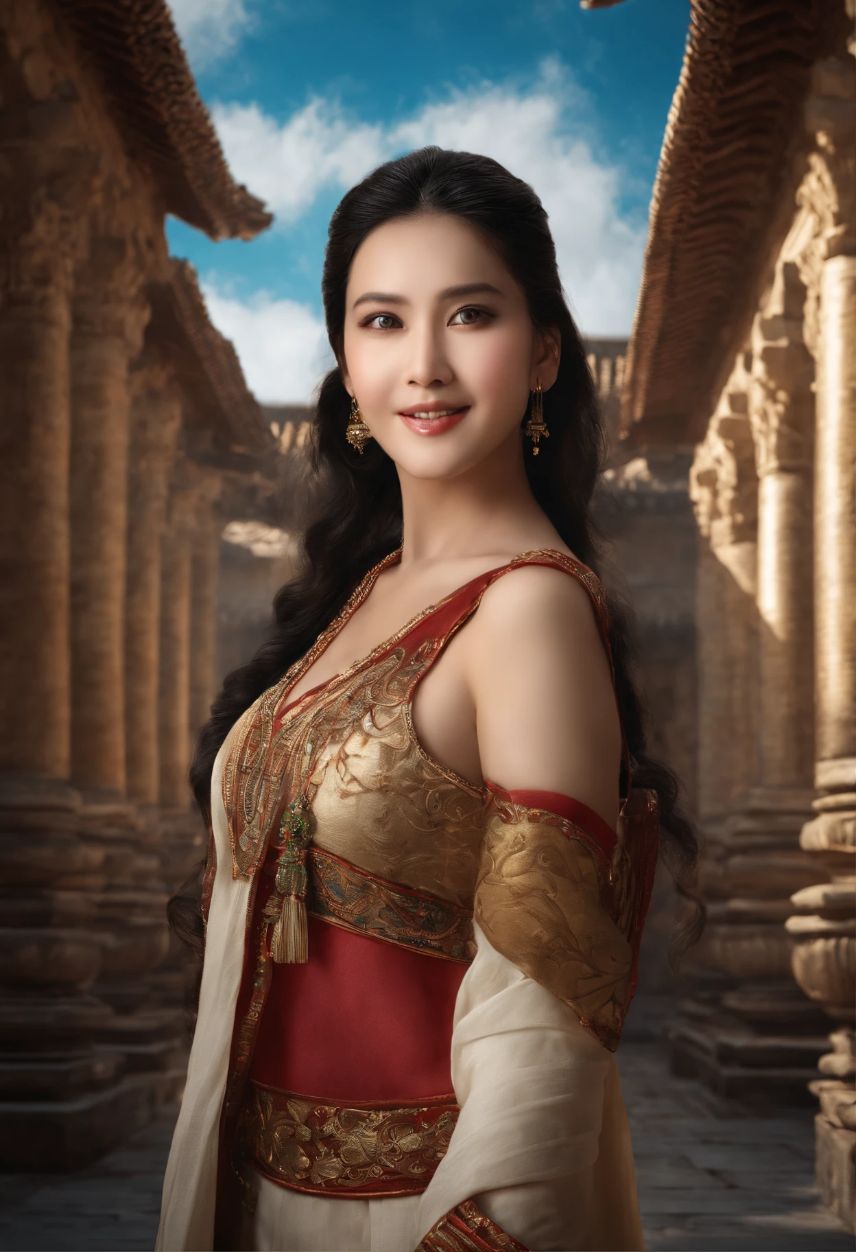 {{Meisterwerk, best quality, extrem detaillierter CG, Unity 8K Hintergrundbild, Filmische Beleuchtung}}, Traditionelle chinesische Tuschemalerei, 1girls, 1Baby, junge frau, halten, a, baby, full entire body, Antike Architektur, blauer Himmel, Sonnentag, Holzarchitektur, Prominenter Protagonist, smil, largeeyes, beautiful detailed eyes, (big breasts, Spaltung), runder, Blick auf das Publikum, lange Wimpern,