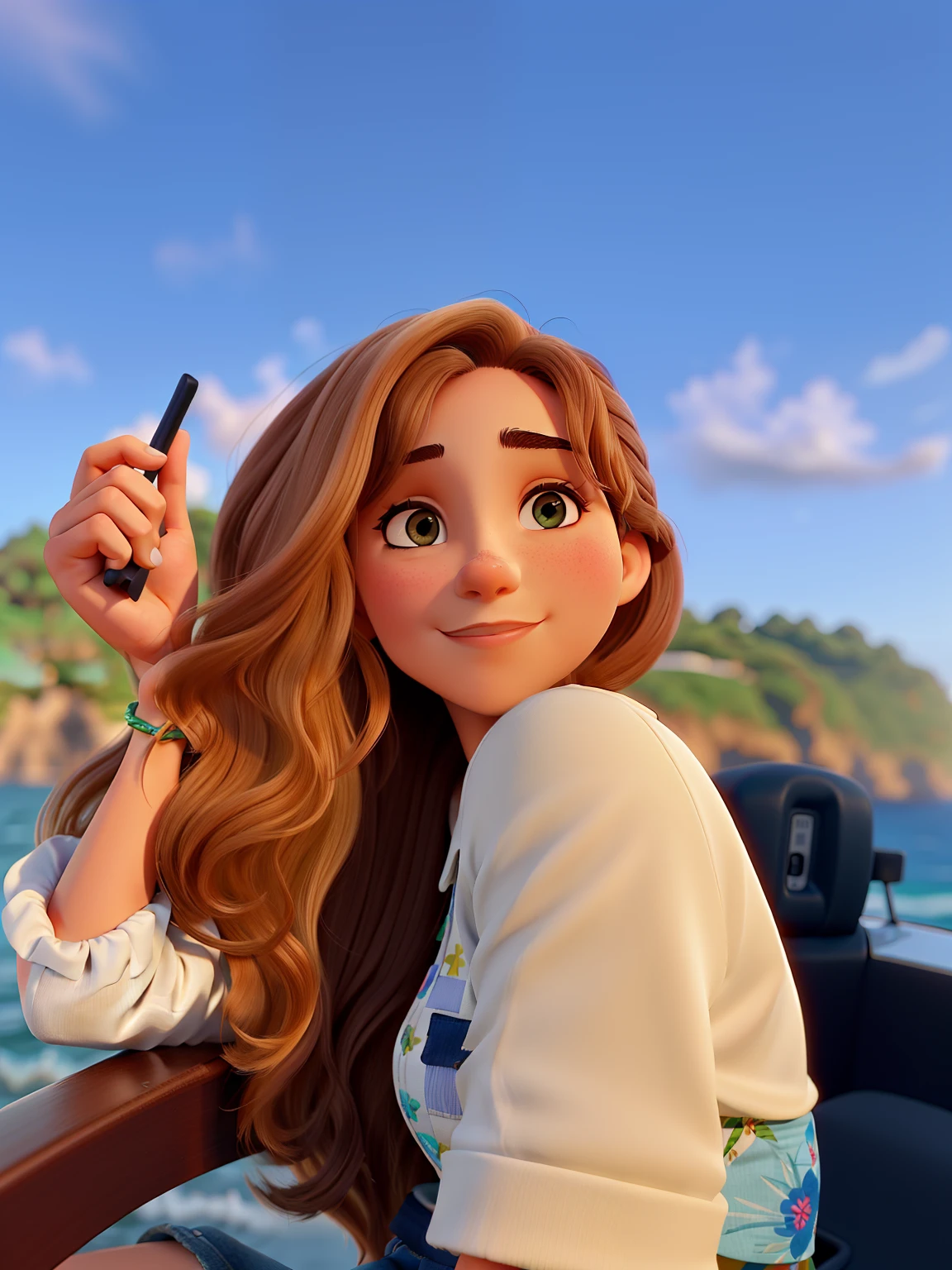Uma bela jovem de cabelo longo t ruivo, pele clara labios lindos olhando para o horizonte por do sol