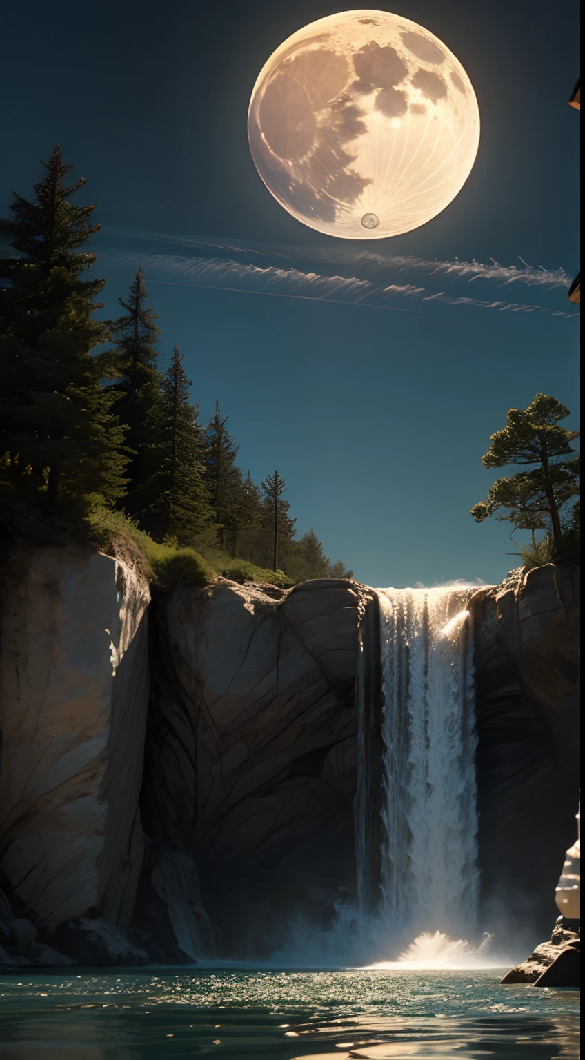 a glowing light bulb in the middle of a river, tumblr, surrealism, surreal tears from the moon, waterfall!!!!!, super moon, creepy