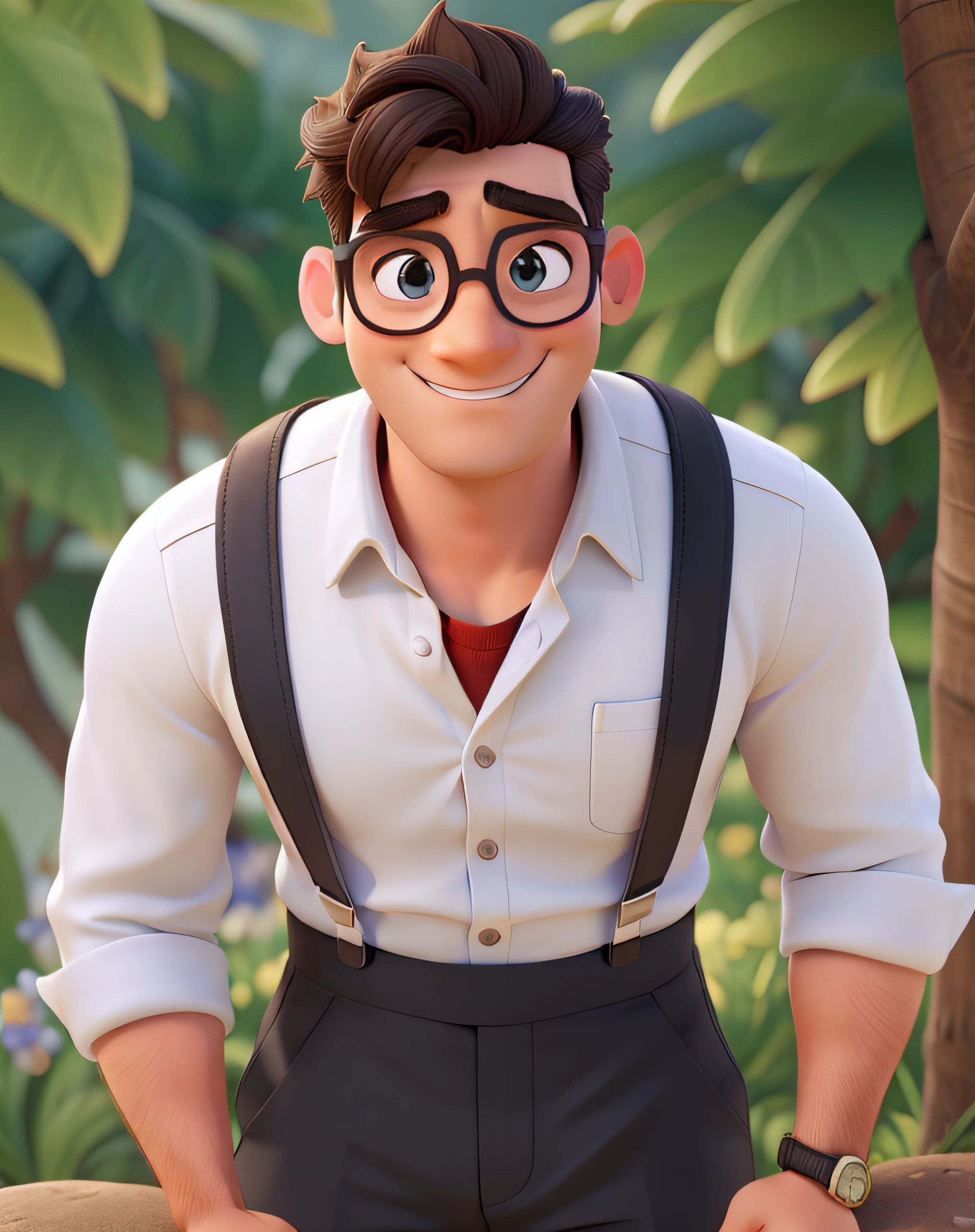 no estilo Disney/Pixar Man with a deconstructed look and smile on his face, com seus olhos castanhos escuros e bem definidos. Its nose is aquiline and its lower lips are moderately curved. Their ears are medium and positioned at the top of the ear. His eyebrows are thick and well defined, complementando seu olhar.
Cabelos curtos e escuros, com um estilo simples e desgrenhado. wearing goggles, a white button-down shirt and black suspenders. Usando um sapato social, that adds a touch of style to your appearance.
The background of the image is made up of plants, that create a natural and relaxed environment for photography.