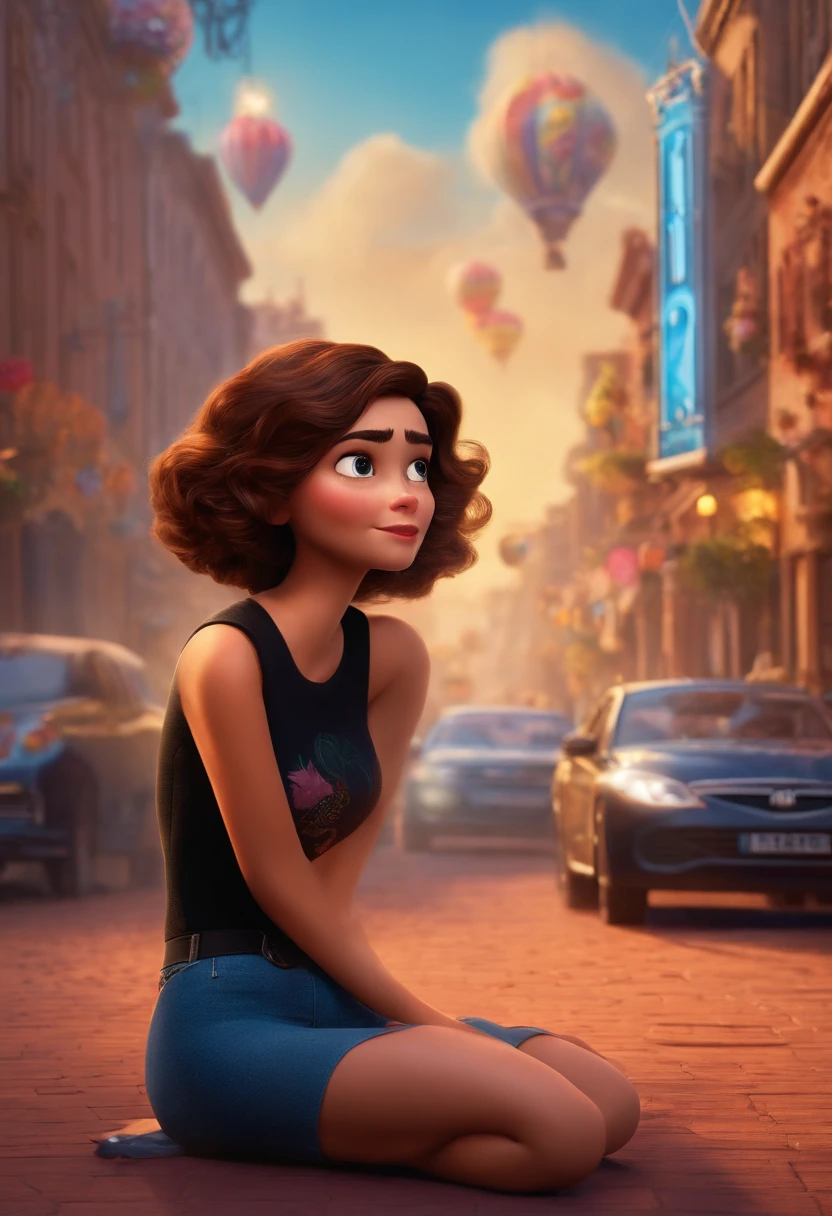 filme Marketing 2023 estilo filmes Pixar, Com nome "N - Marketing", poster, With short, lighter brunette hair and a black t-shirt in front of her crossed arms.