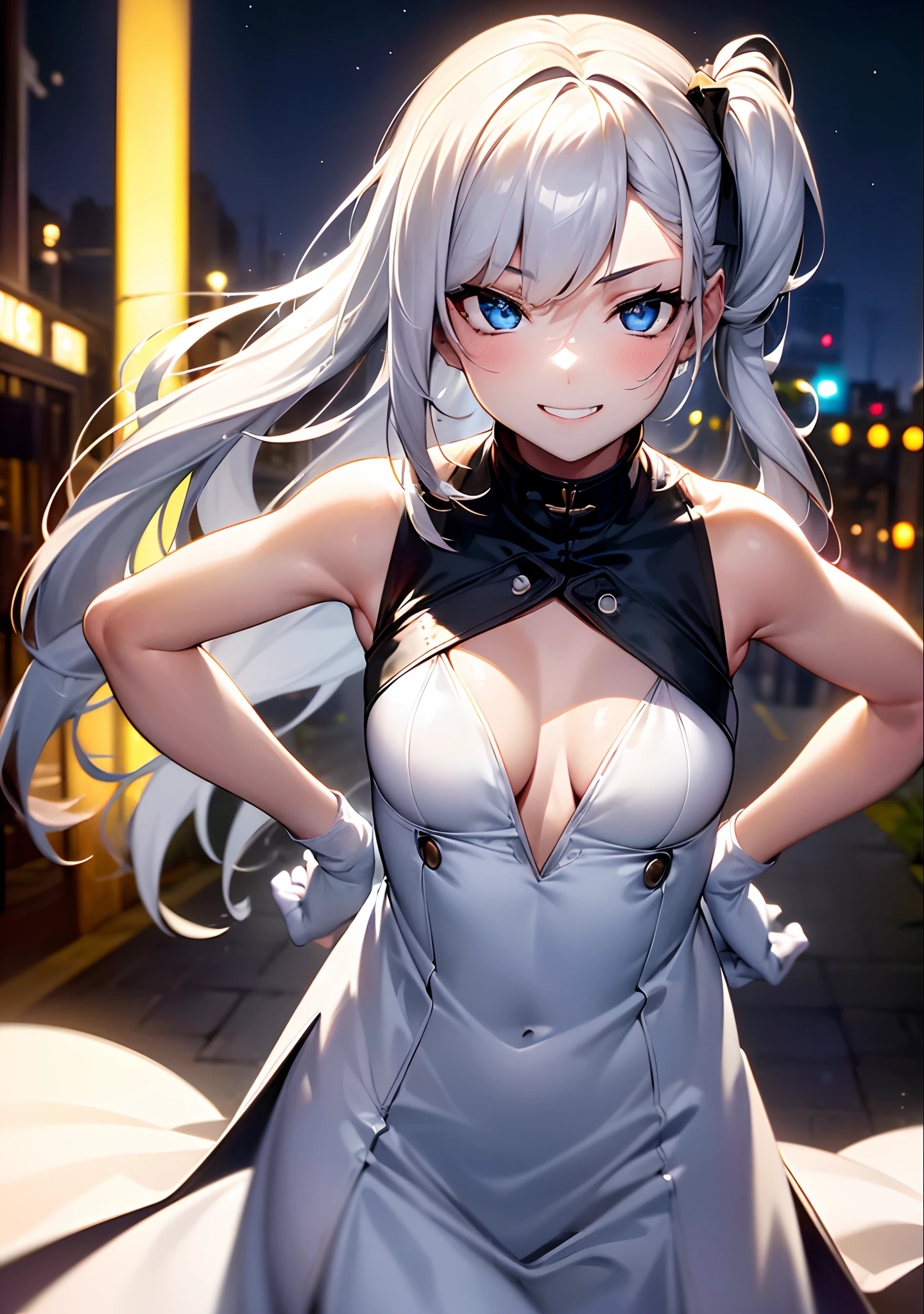 1girl, solo, absurdres, best quality, (smug smile:1.2), white hair, blue eyes, sleeveless dress, hair ornament, black dress, short, side ponytail, long hair, outdoors, nighttime, night, city, stars, starry sky, small breasts, flat chest, white gloves, white stockings, (hands on hips:1.2), (portrait, straight on, POV, looking at viewer, upper body:1.3)