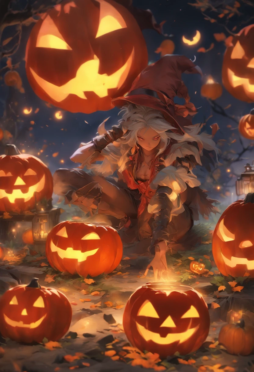 Halloween:1.5,Under the red moonlight,Big Red Moon,White hair:1.3,(masterpiece、top-quality、top-quality、Beautifully Aesthetic:1.2)、(((Halloween Moonshine)))、Cool pose、ighly detailed、colourfull、highestdetailed, Anatomically correct, nffsw, high details, Textured skin, 8K,perfect hand,perfect arms,
