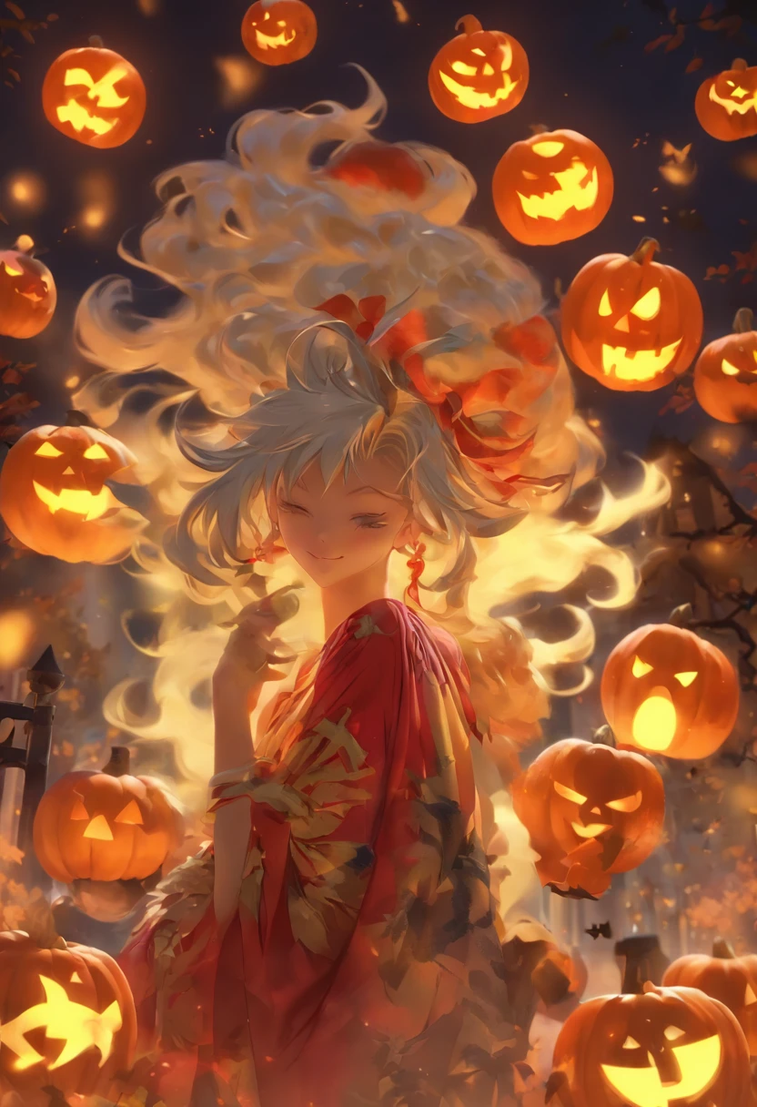 Halloween：1.5，Under the red moonlight，Big Red Moon，White hair：1.3，(​masterpiece、top-quality、top-quality、Beautifully Aesthetic:1.2)、(((Halloween Moonshine)))、Cool pose、ighly detailed、colourfull、highestdetailed, Anatomically correct, nffsw, high details, Textured skin, 8K，perfect hand，perfect arms，