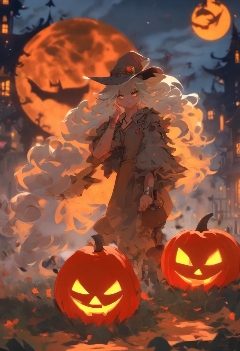 Halloween:1.5,Under the red moonlight,Big Red Moon,White hair:1.3,(masterpiece、top-quality、top-quality、Beautifully Aesthetic:1.2)、(((Halloween Moonshine)))、Cool pose、ighly detailed、colourfull、highestdetailed, Anatomically correct, nffsw, high details, Textured skin, 8K,perfect hand,perfect arms,