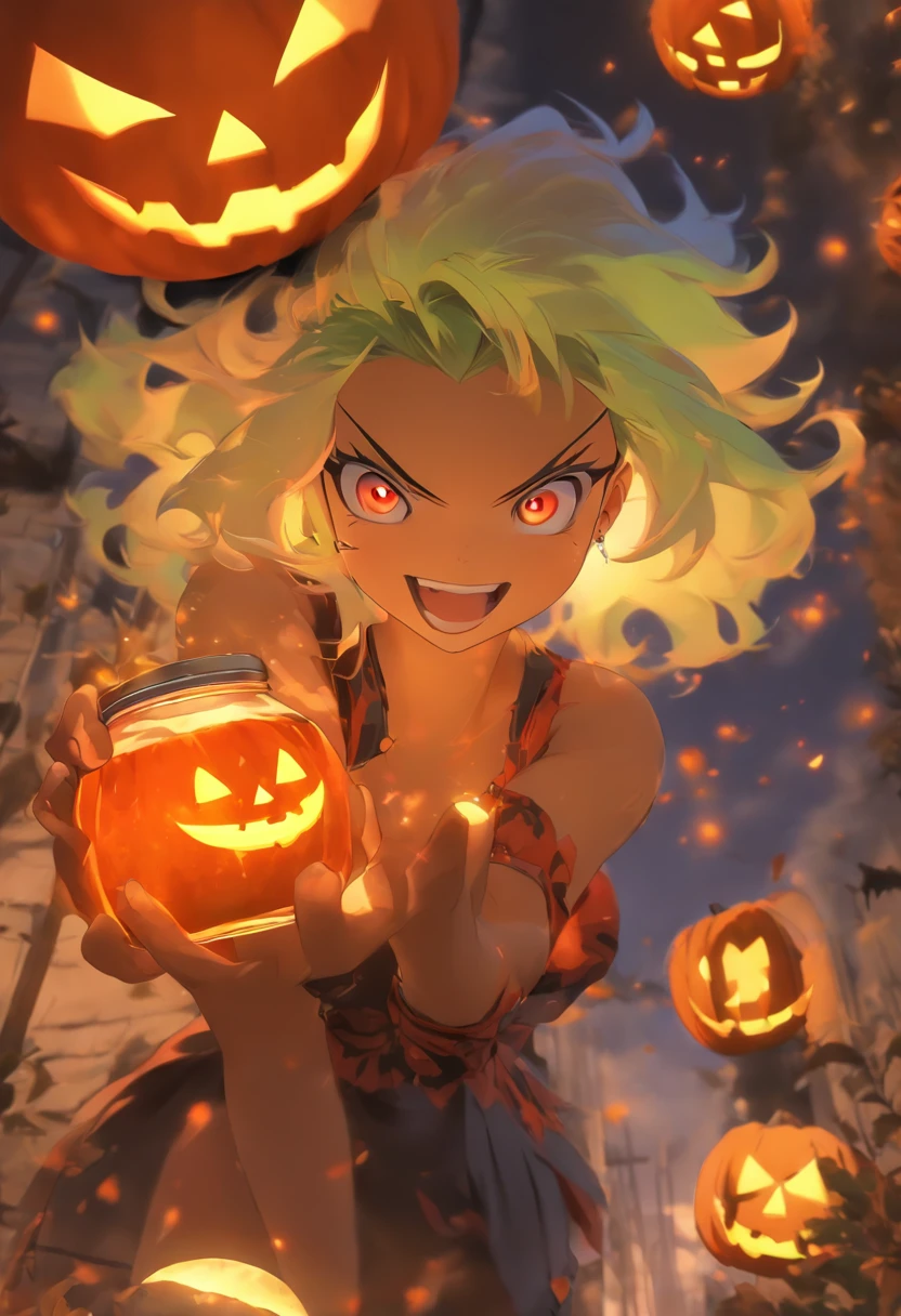 Halloween：1.5，Under the red moonlight，Big Red Moon，White hair：1.3，(​masterpiece、top-quality、top-quality、Beautifully Aesthetic:1.2)、(((Halloween Moonshine)))、Cool pose、ighly detailed、colourfull、highestdetailed, Anatomically correct, nffsw, high details, Textured skin, 8K，perfect hand，perfect arms，