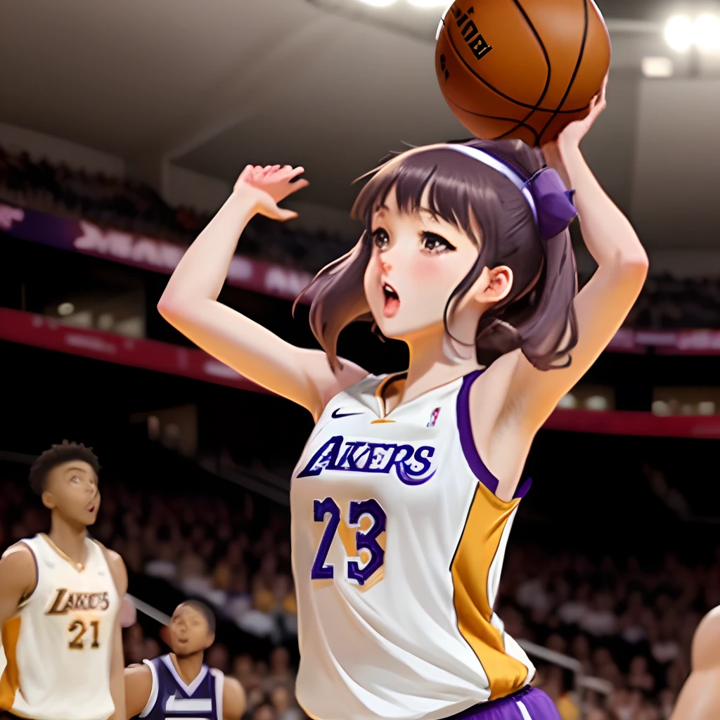 Cute anime girl playing basketball for the lakers failing a dunk