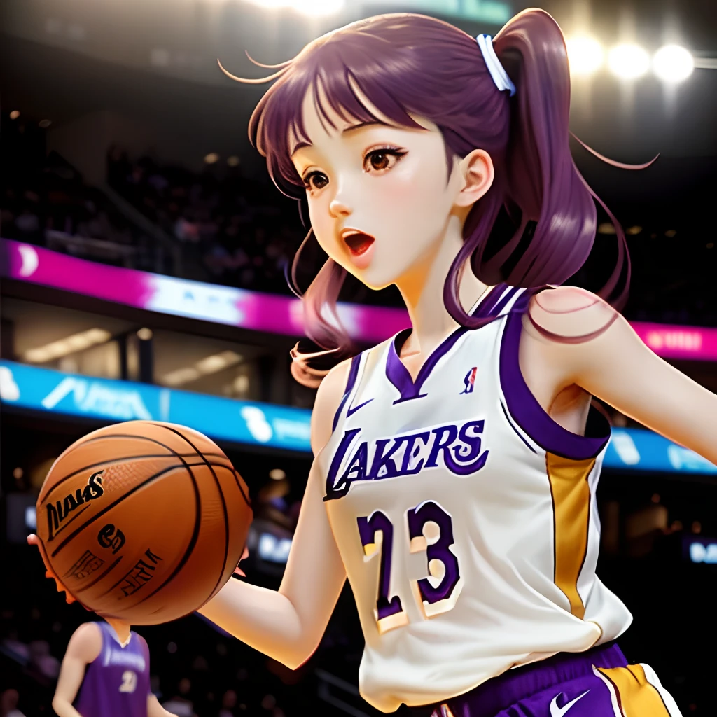 Cute anime girl playing basketball for the lakers failing a dunk