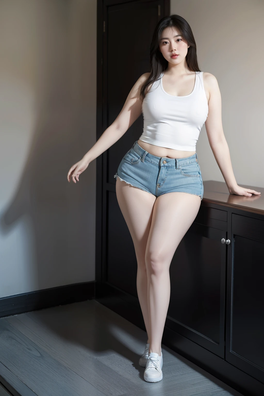 8K分辨率，Two tall beauties in lake blue skinny shorts，Small white vest，Small white shoes，Plump buttocks，Very obese and obese body，Pear-shaped body，beautiful weather，at class room，Full body photo of standing，Classic art photographs，The face is clear and detailed，There are close-ups