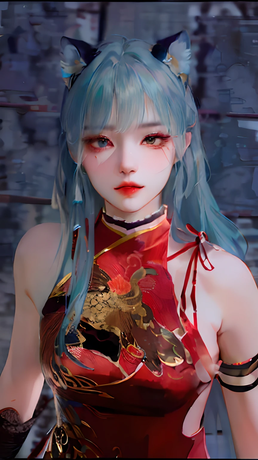 a close up of a woman with blue hair wearing a red dress, loong, inspired by Lan Ying, inspired by Li Mei-shu, inspired by Pu Hua, close up character, inspired by Ren Xiong, inspired by Ju Lian, inspired by Lü Ji, inspired by Wang Meng, inspired by Hong Ren, inspired by Leng Mei