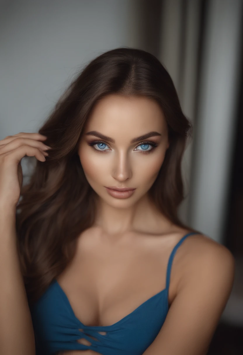 arafed frau mit schwarzen kleidern, Sexy girl with blue eyes, portrait sophie mudd, brown hair and big eyes, Selfie einer jungen Frau, Augen im Schlafzimmer, Violet Myers, ohne Make-up, Natural makeup, Blick direkt in die Kamera, Gesicht mit Artgram, dezentes Make-up, Stunning full body shot, im Schlafzimmer, Spaltung
