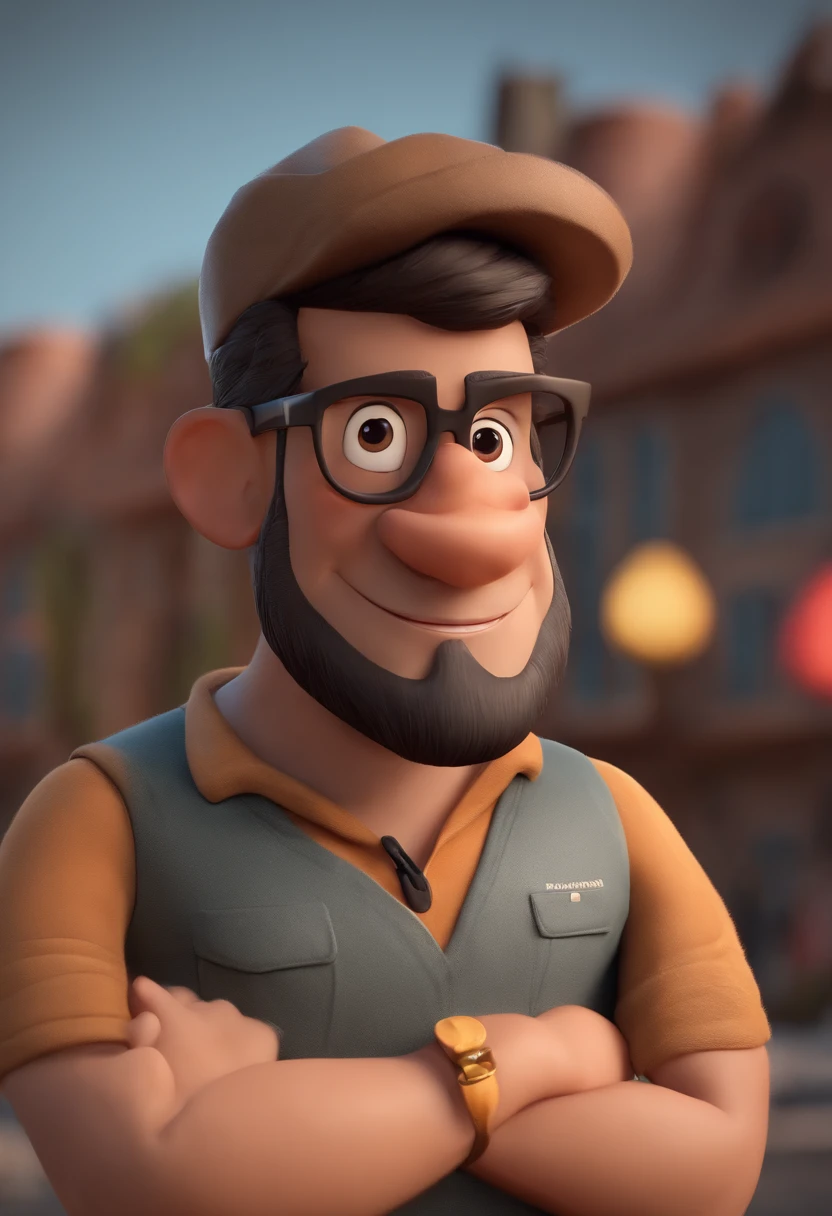 Cartoon character of a man with black glasses and a black polo shirt, cabelo liso, With beard and old school tattoo on his arm, animation character, Caractere estilizado, animation style rendering, 3D estilizado, Arnold Maya render, 3 d render stylized, toon render keyshot, Personagem 3D, Personagem 3D, 3d rendering stylized, 3 d character render, personagem de desenho animado, Personagem de close up, Pose de personagem, (Estilo Pixar) (master part:1.2) (Bokeh) (best quality) (pele detalhada) (textura detalhada) (8k) (argila) (Cinematic lighting) (foco nítido