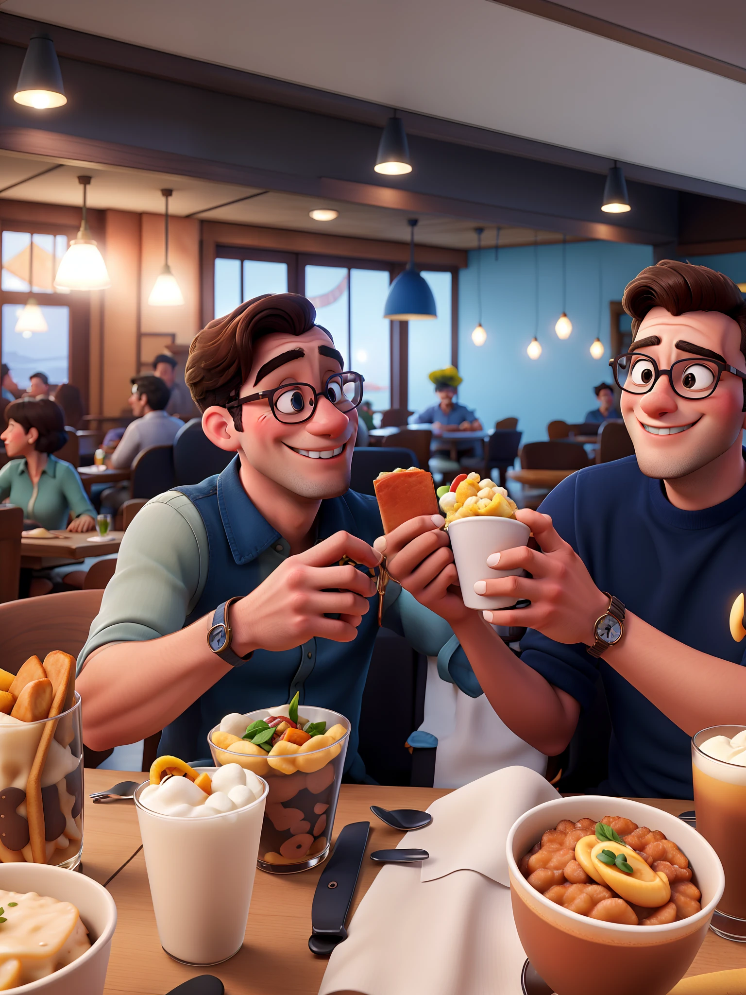 Disney Style Couple With Glasses Smiling In Restaurant.
