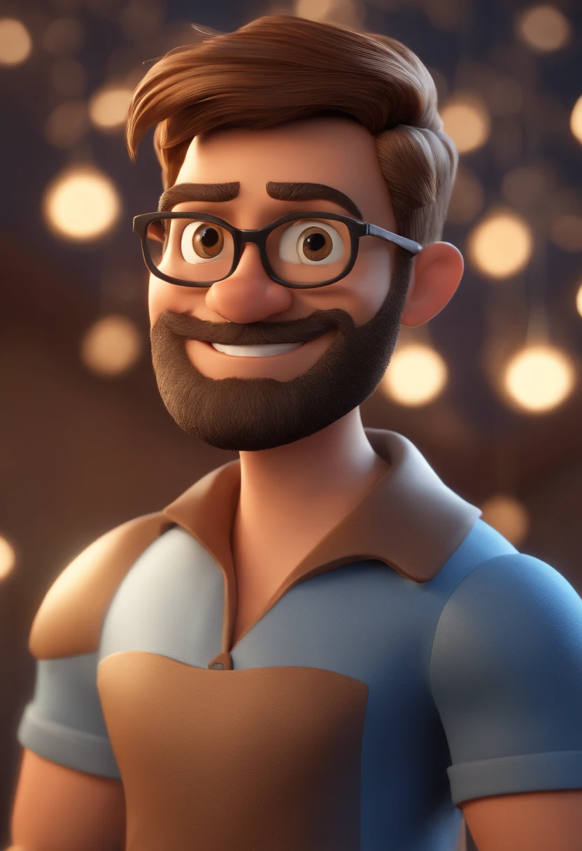 Cartoon character of a blond man with beard with glasses and a blue shirt, animation character, Caractere estilizado, animation style rendering, 3D estilizado, Arnold Maya render, 3 d render stylized, toon render keyshot, Personagem 3D, Personagem 3D, 3d rendering stylized, 3 d character render, personagem de desenho animado, Personagem de close up, Pose de personagem,  (Estilo Pixar) (master part:1.2) (Bokeh) (best quality) (pele detalhada) (textura detalhada) (8k) (argila) (Cinematic lighting) (foco nítido