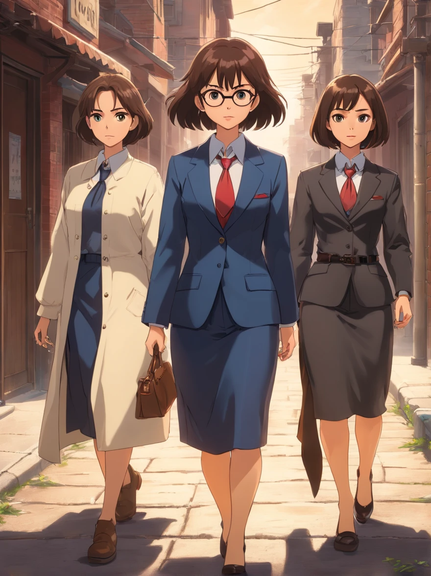 (Best Quality, hight resolution, masutepiece:1.2), Ultra-detailed, (Realistic, Photorealsitic:1.37), Portrait, Three Women, (Group of women walking, :1.2), wears a suit, ties, Sunglasses, Brick wall, walking on street, Walk side by side, movie "Reservoir Dog", Brick wall background, Woman in black, modern attire, screen capture, Fully clothed, Sexy, outlaw, shirt art, defiance, badlands, Old movies, High resolution skin, (Cinematic lighting: 1.2 ), beautifully detailed eyes, Highly detailed face, of the highest quality, detailed hairs, Exquisite facial features, Perfect face, From above, Wider Lens, It is a photorealistic space where you can stare at the camera, Crushic Movies, 4K, 8K, 32K, Cinematic