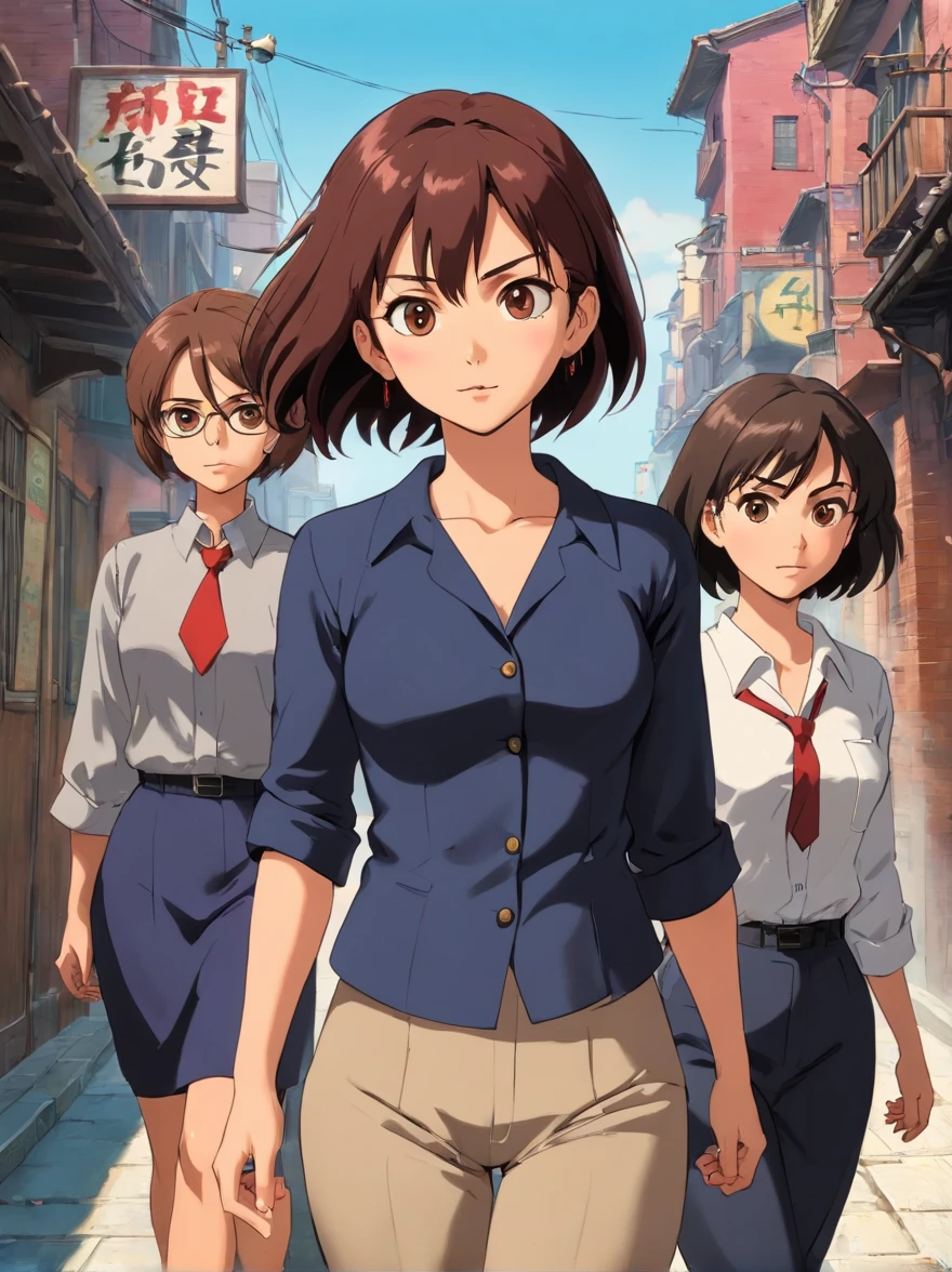(Best Quality, hight resolution, masutepiece:1.2), Ultra-detailed, (Realistic, Photorealsitic:1.37), Portrait, Three Women, (Group of women walking, :1.2), wears a suit, ties, Sunglasses, Brick wall, walking on street, Walk side by side, movie "Reservoir Dog", Brick wall background, Woman in black, modern attire, screen capture, Fully clothed, Sexy, outlaw, shirt art, defiance, badlands, Old movies, High resolution skin, (Cinematic lighting: 1.2 ), beautifully detailed eyes, Highly detailed face, of the highest quality, detailed hairs, Exquisite facial features, Perfect face, From  above, Wider Lens, It is a photorealistic space where you can stare at the camera, Crushic Movies, 4K, 8K, 32K, Cinematic