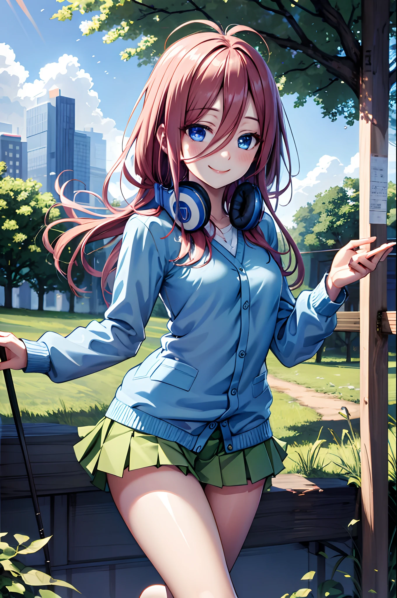 best quality, masterpiece, nice hands, perfect hands, Miku hiking, smile, small breasts, Blue Cardigan, county road,