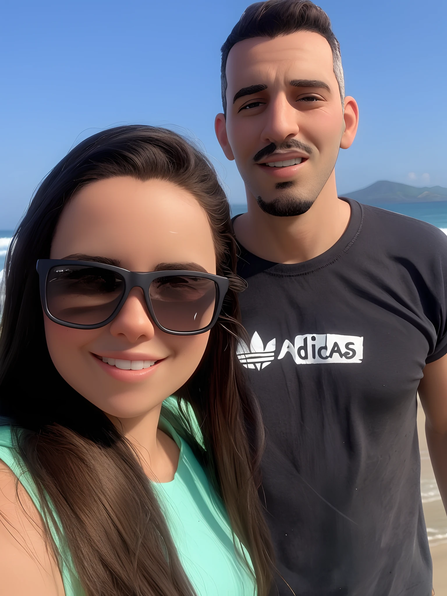 They are posing for a photo on the beach with the ocean in the background, imagem de perfil, com montanhas ao fundo, foto de perfil 1024px, foto de perfil, Directed by: Nandor Soldier, O oceano ao fundo, na praia, na praia, com montanhas no fundo, vacation photo, oceano ao fundo, em uma praia