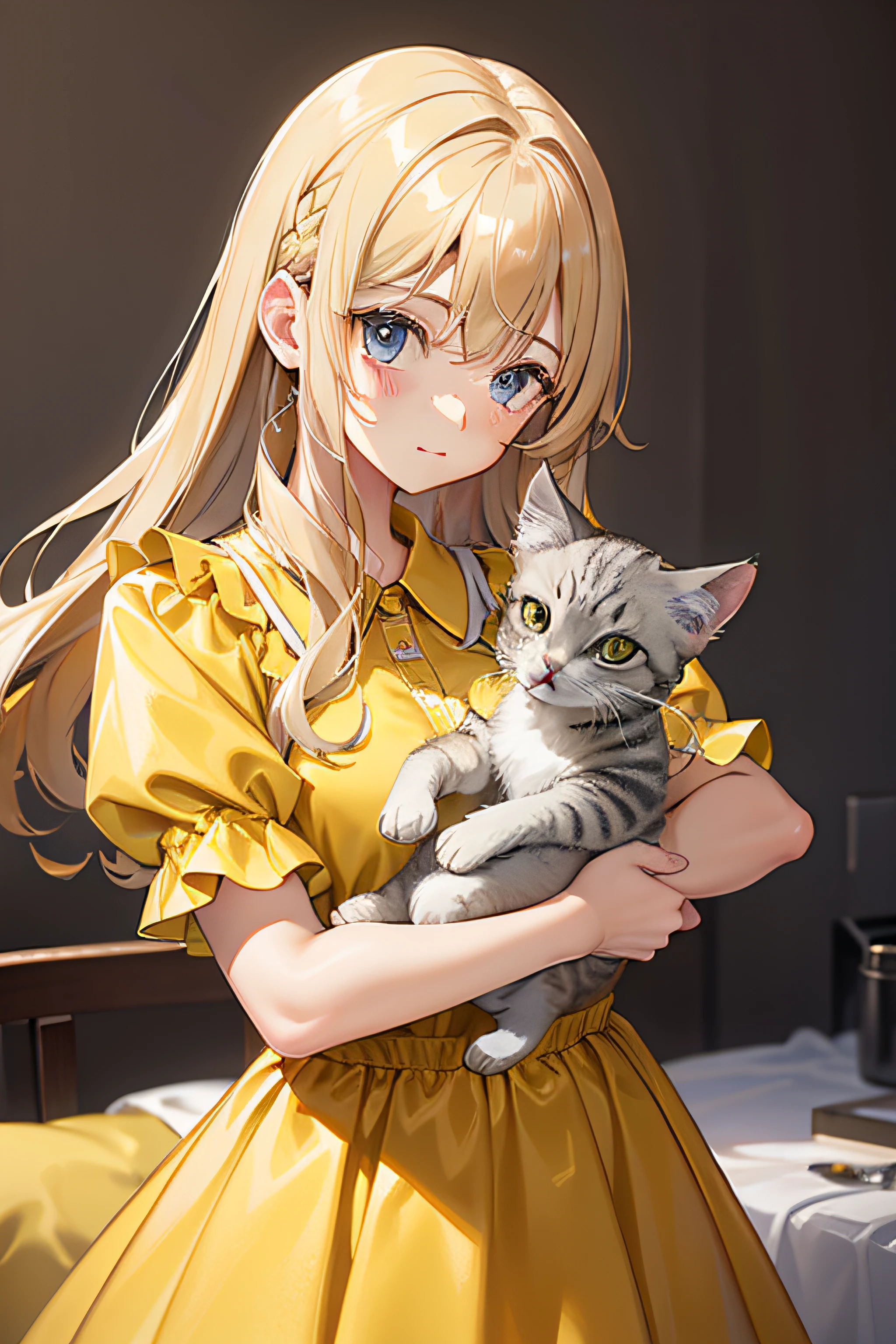 P.Golden blonde brown hair Wearing a cute yellow dress with a grey kitten.