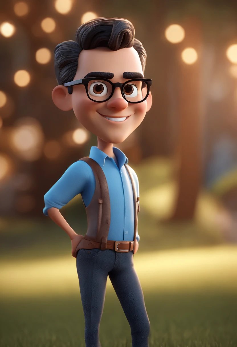 Cartoon character of a man with black glasses and a blue shirt, animation character, Caractere estilizado, animation style rendering, 3D estilizado, Arnold Maya render, 3 d render stylized, toon render keyshot, Personagem 3D, Personagem 3D, 3d rendering stylized, 3 d character render, personagem de desenho animado, Personagem de close up, Pose de personagem,  (Estilo Pixar) (master part:1.2) (Bokeh) (best quality) (pele detalhada) (textura detalhada) (8k) (argila) (Cinematic lighting) (foco nítido