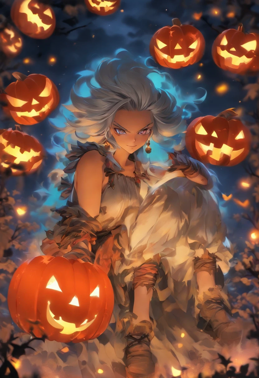 Halloween:1.5,Under the red moonlight,Big Red Moon,White hair:1.3,(masterpiece、top-quality、top-quality、Beautifully Aesthetic:1.2)、(((Halloween Moonshine)))、Cool pose、ighly detailed、colourfull、highestdetailed, Anatomically correct, nffsw, high details, Textured skin, 8K,perfect hand,perfect arms,Subtlety in every detail:1.5