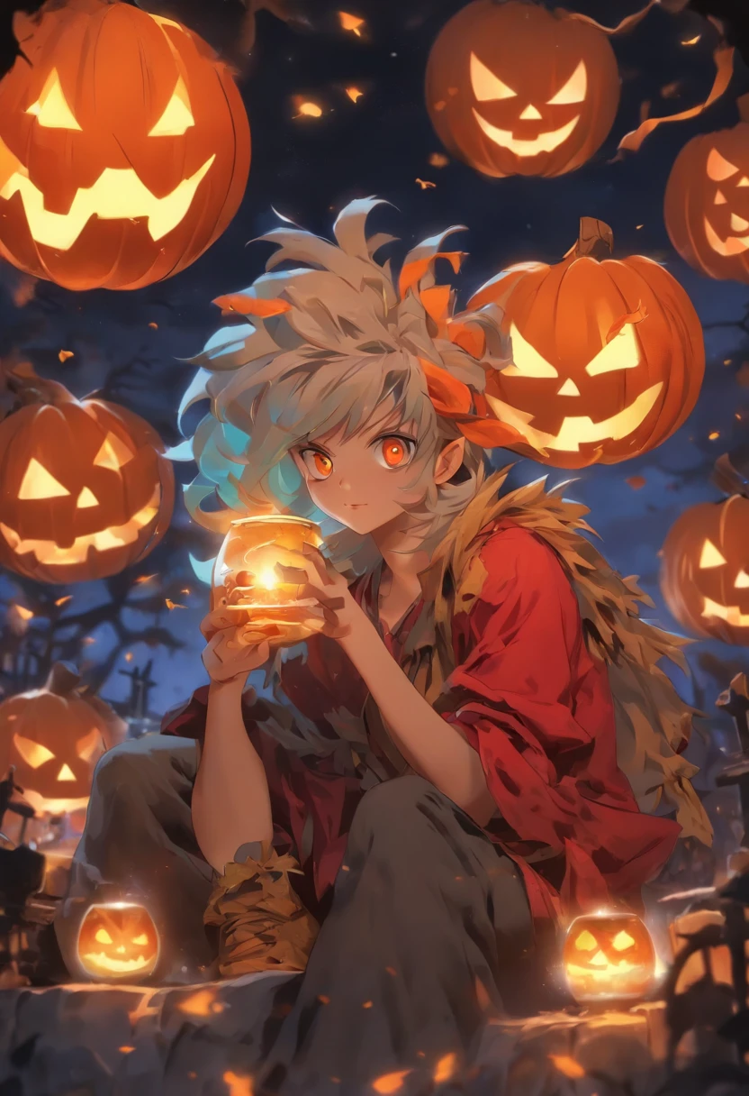 Halloween:1.5,Under the red moonlight,Big Red Moon,White hair:1.3,(masterpiece、top-quality、top-quality、Beautifully Aesthetic:1.2)、(((Halloween Moonshine)))、Cool pose、ighly detailed、colourfull、highestdetailed, Anatomically correct, nffsw, high details, Textured skin, 8K,perfect hand,perfect arms,Subtlety in every detail:1.5