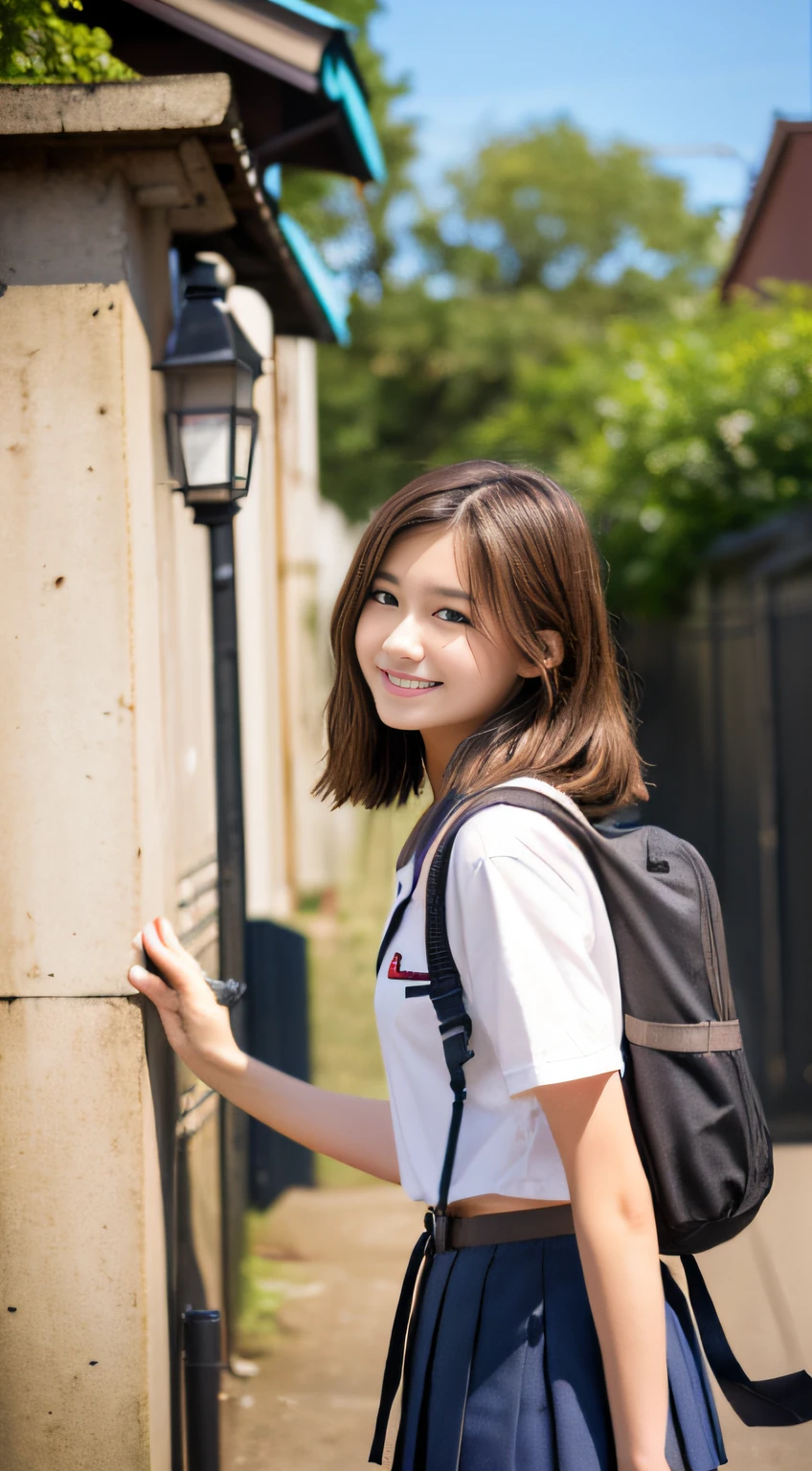 女の子1人、High School Style、In front of the school gate、Bust 88、Waist 58、Hip 85、Brown hair、bobhair、(8K、Raw photography、top-quality、masterpiece:1.2)、(realisitic、photoRealstic:1.37)、bright expression,fullbody image,校服,