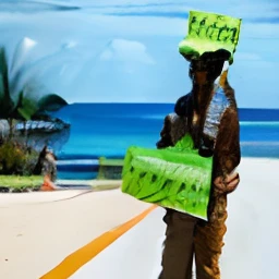 Man standing on the side of the road holding a sign that says “lettuce eat”. Beach. 5 men. Spaceships.